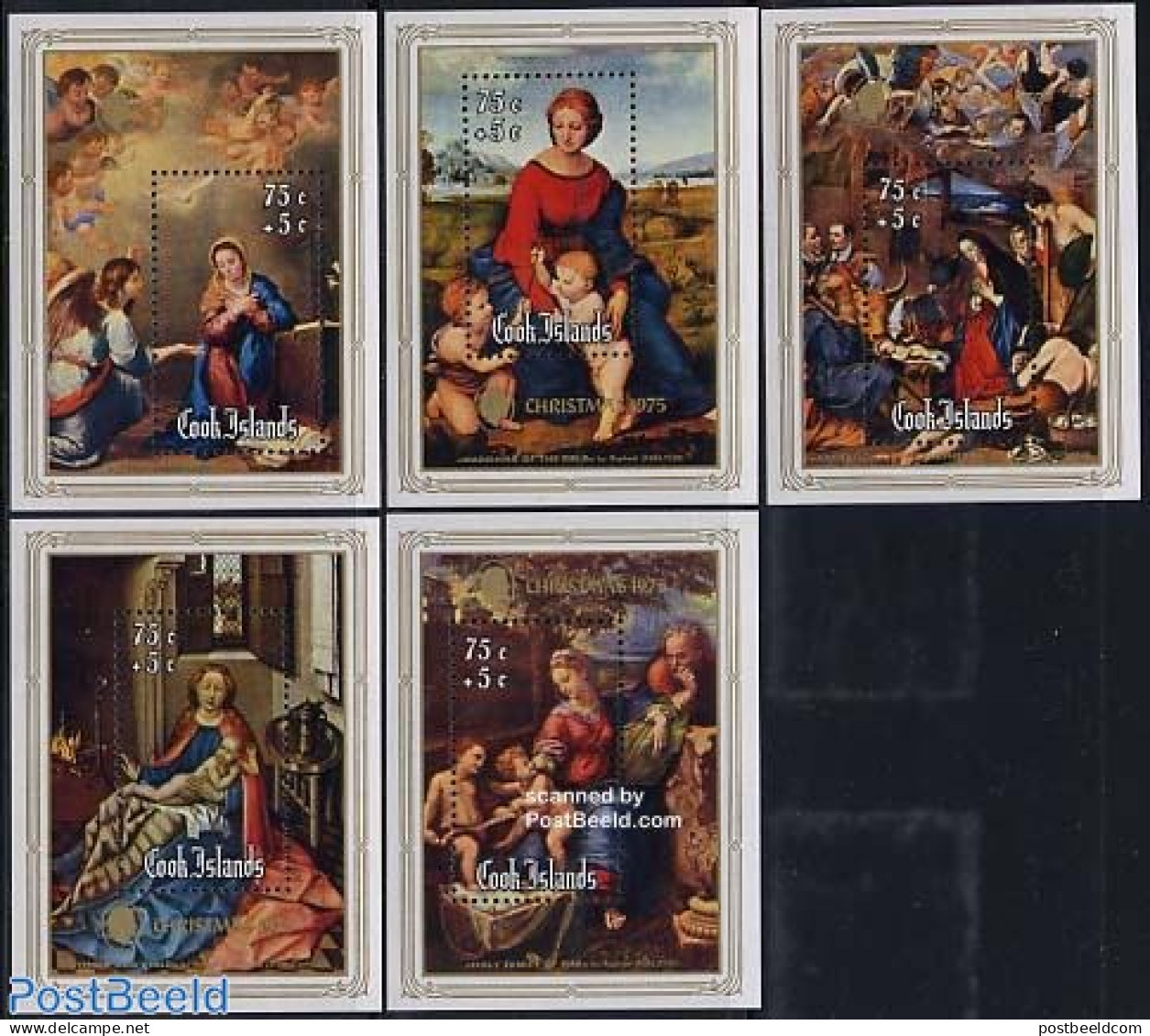 Cook Islands 1975 Christmas 5 S/s, Mint NH, Religion - Christmas - Art - Paintings - Raphael - Weihnachten