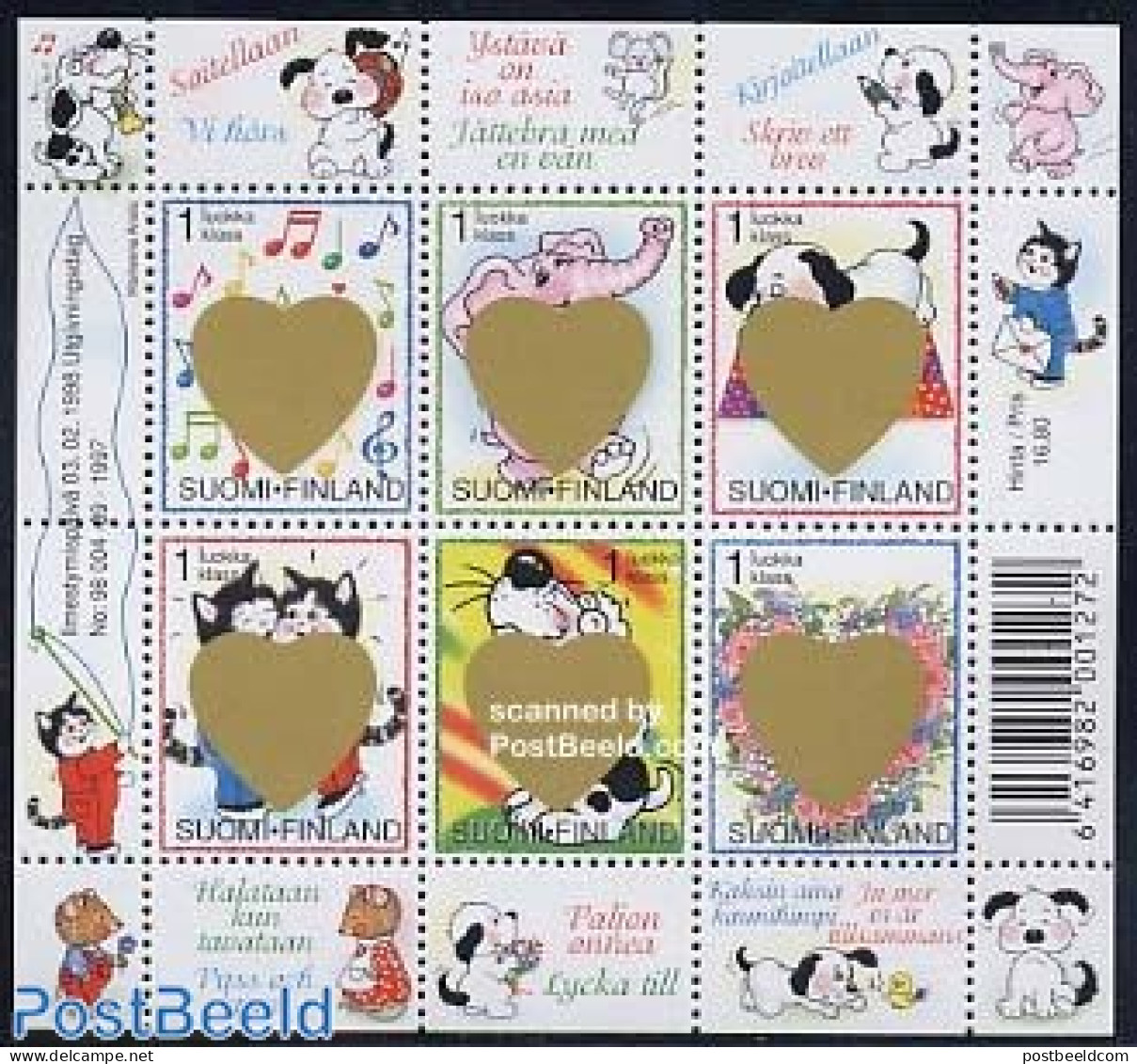 Finland 1998 Valentine S/s, Mint NH, Nature - Performance Art - Various - Cats - Dogs - Elephants - Music - Staves - G.. - Unused Stamps