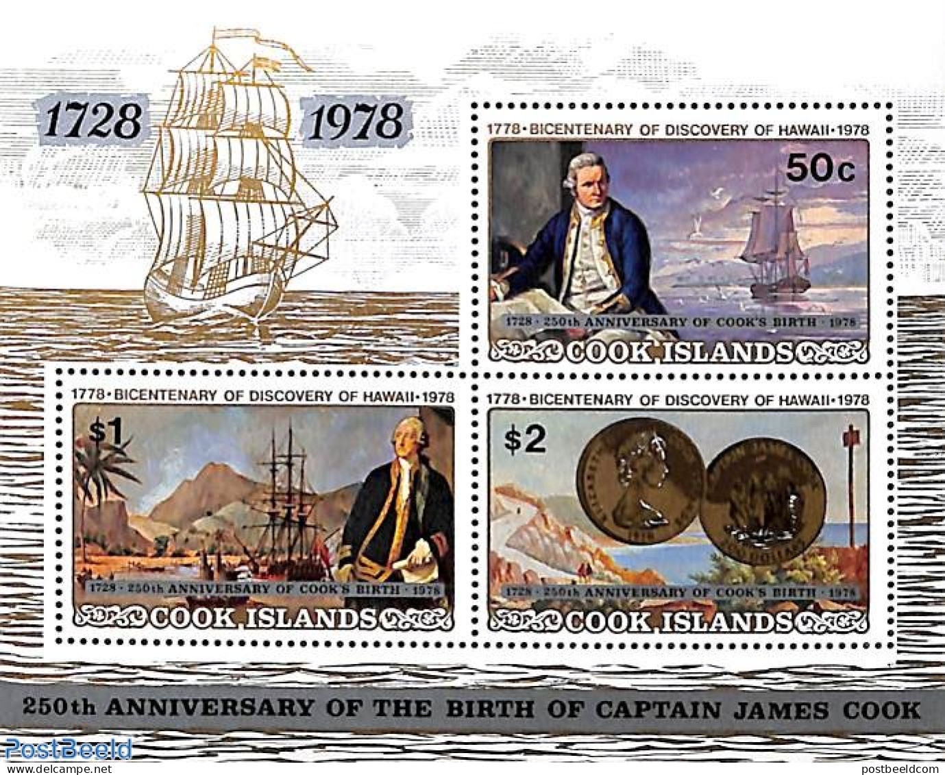 Cook Islands 1978 Cooks Birthday S/s, Mint NH, History - Transport - Various - Explorers - Ships And Boats - Money On .. - Esploratori