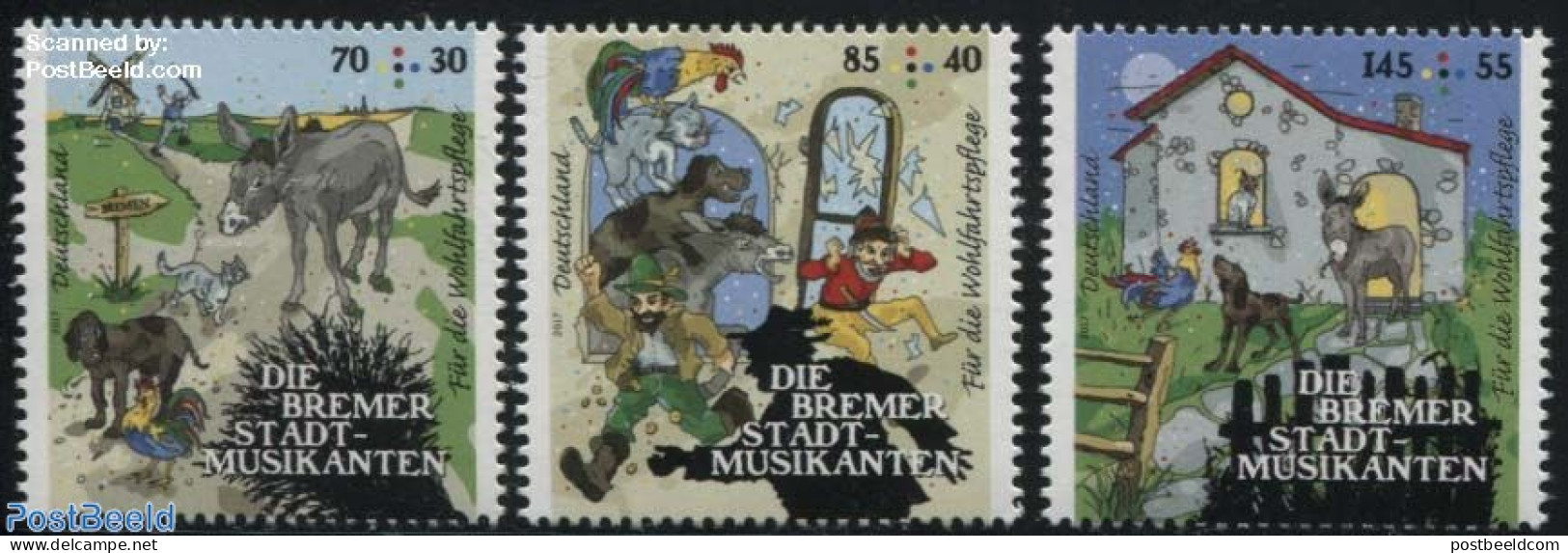 Germany, Federal Republic 2017 Welfare, Town Musicians Of Bremen 3v, Mint NH, Nature - Performance Art - Various - Ani.. - Nuevos