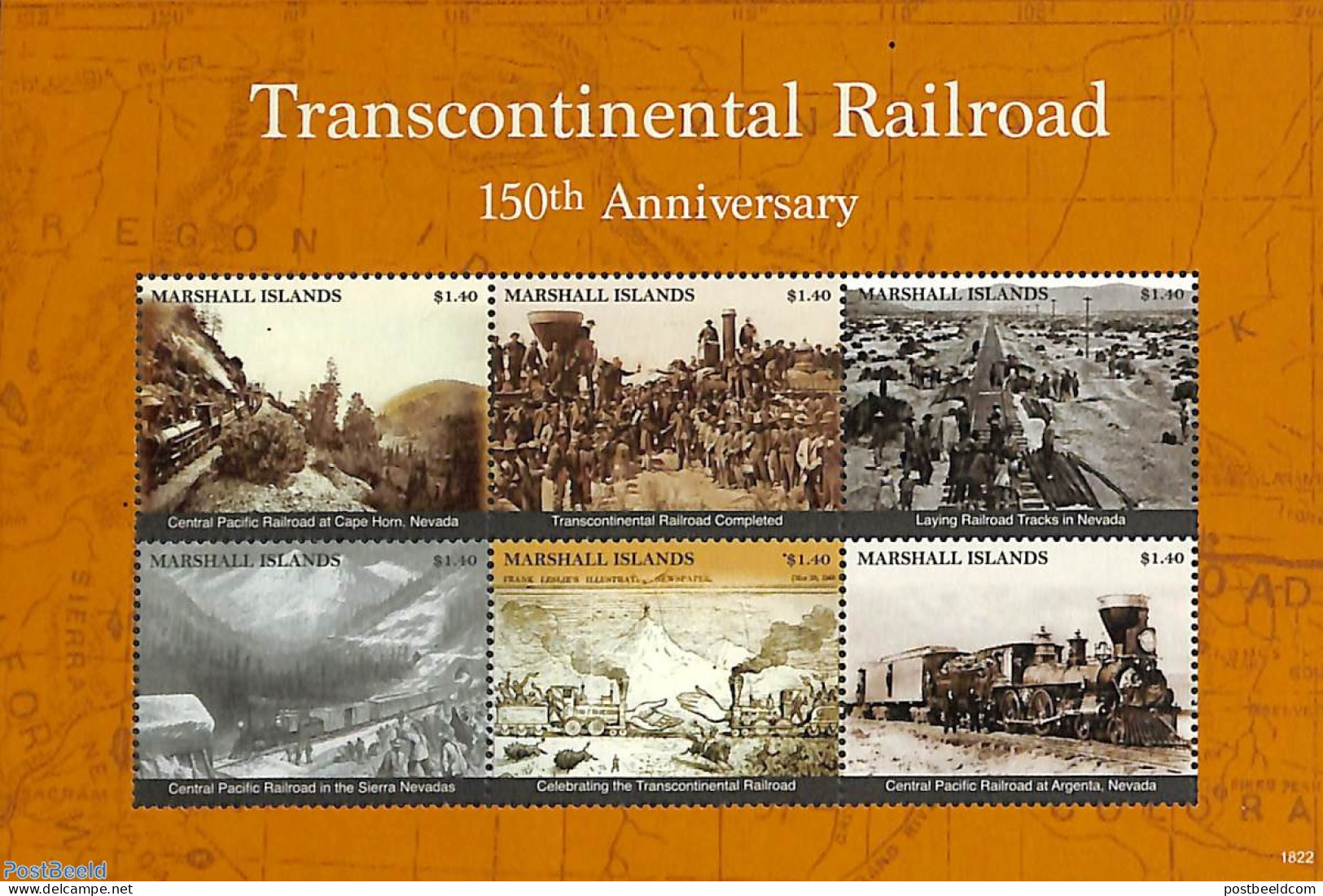 Marshall Islands 2018 Transcontinental Railroad 6v M/s, Mint NH, Railways - Maps - Trenes