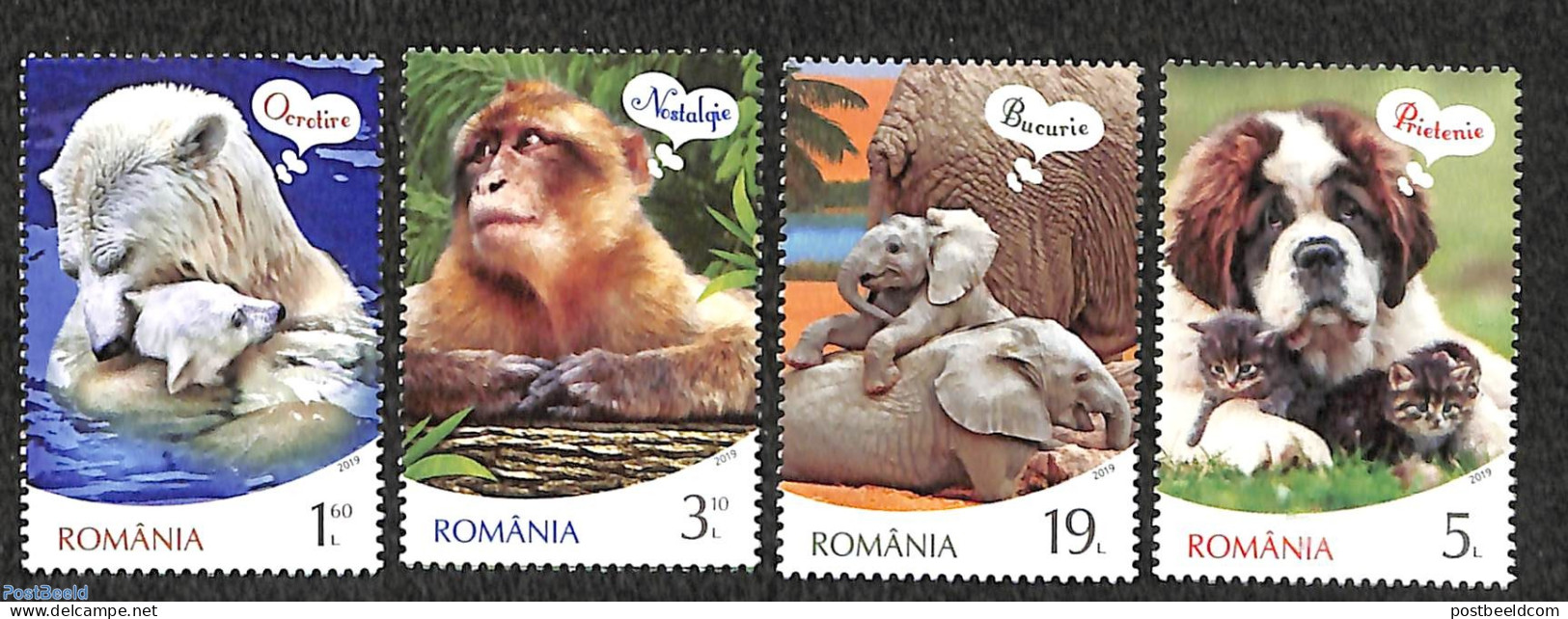 Romania 2019 Animal Emotions 4v, Mint NH, Nature - Animals (others & Mixed) - Bears - Cats - Dogs - Elephants - Monkeys - Unused Stamps