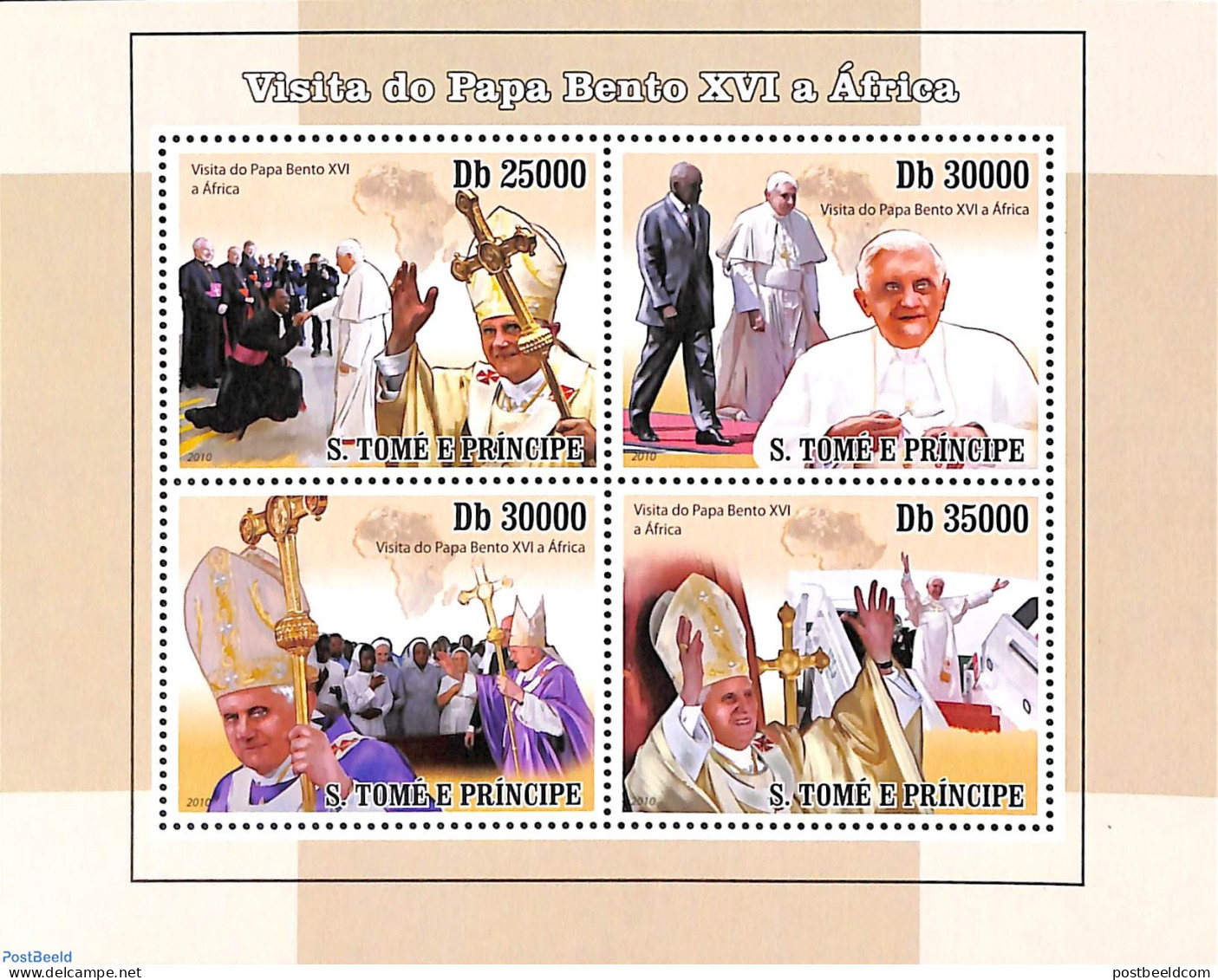 Sao Tome/Principe 2010 Papal Visit 4v M/s, Mint NH, Religion - Pope - Päpste