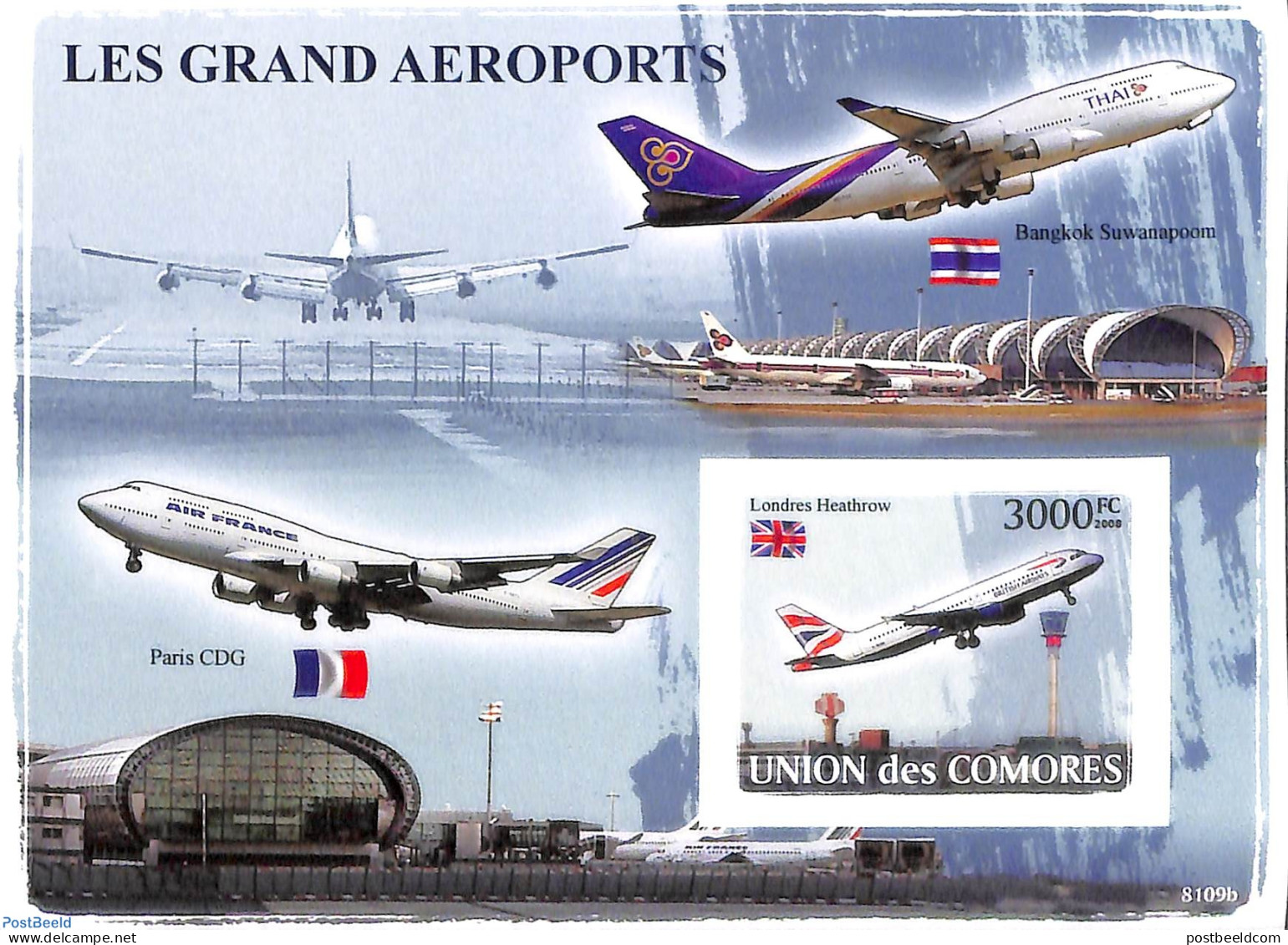 Comoros 2008 Large Airports S/s, Imperforated, Mint NH, Transport - Aircraft & Aviation - Aviones