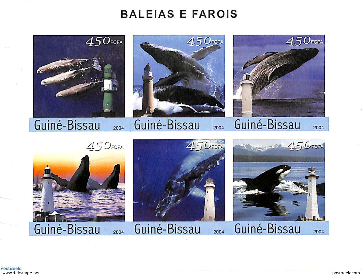 Guinea Bissau 2004 Whales & Lighthouses 6v M/s, Imperforated, Mint NH, Nature - Various - Sea Mammals - Lighthouses & .. - Lighthouses