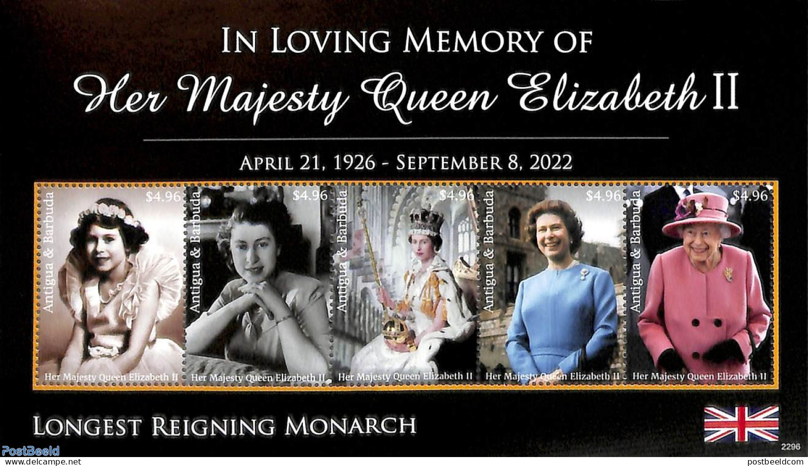 Antigua & Barbuda 2022 In Loving Memory Of Queen Elizabeth II 5v M/s, Mint NH, History - Kings & Queens (Royalty) - Koniklijke Families