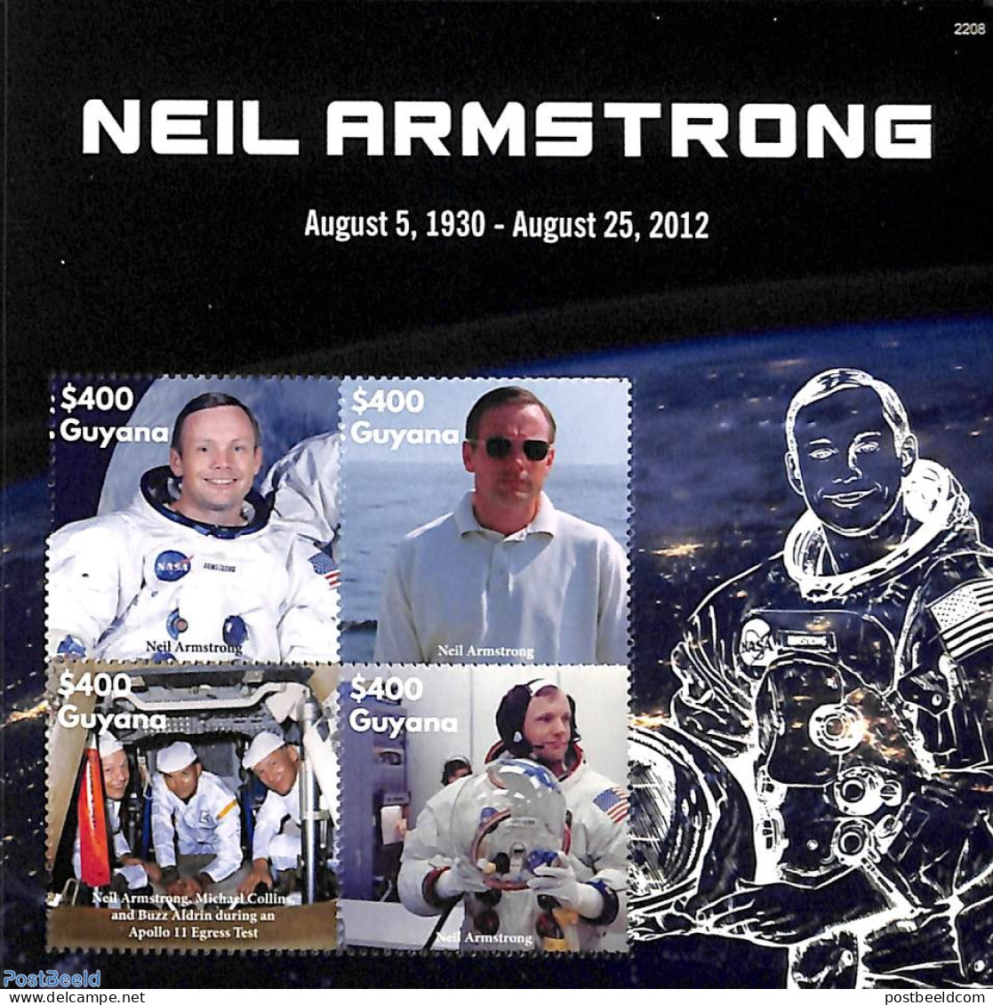 Guyana 2022 Neil Armstrong 4v M/s, Mint NH, Transport - Space Exploration - Guyana (1966-...)