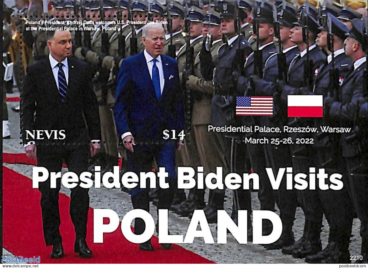 Nevis 2022 President Biden Visits Poland S/s, Mint NH, History - American Presidents - St.Kitts And Nevis ( 1983-...)