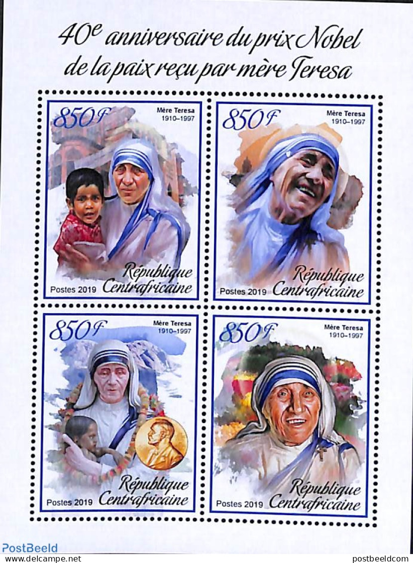 Central Africa 2019 Mother Theresa 4v M/s, Mint NH, History - Religion - Nobel Prize Winners - Religion - Nobelprijs