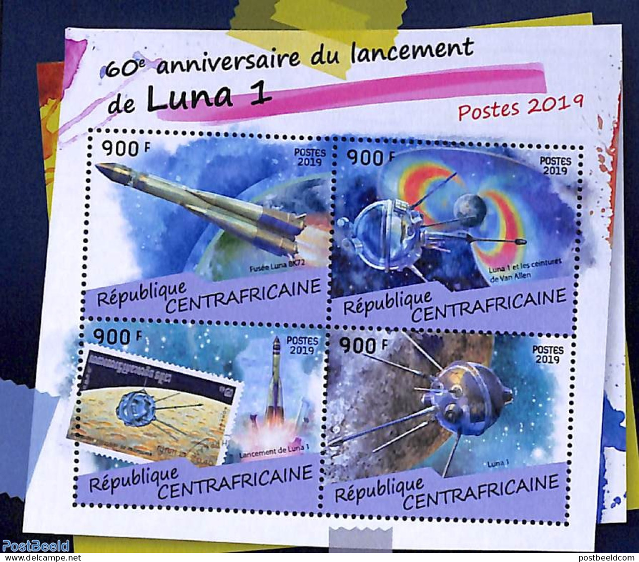 Central Africa 2019 Luna 1 4v M/s, Mint NH, Transport - Stamps On Stamps - Space Exploration - Sellos Sobre Sellos