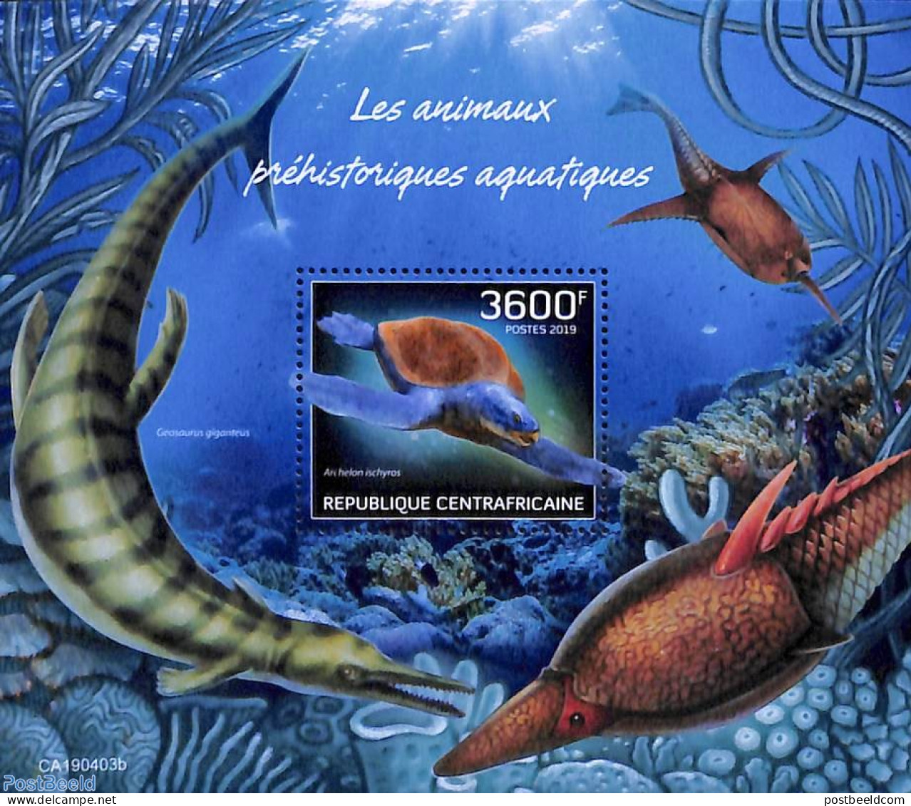 Central Africa 2019 Prehistoric Sea Animals S/s, Mint NH, Nature - Prehistoric Animals - Turtles - Préhistoriques