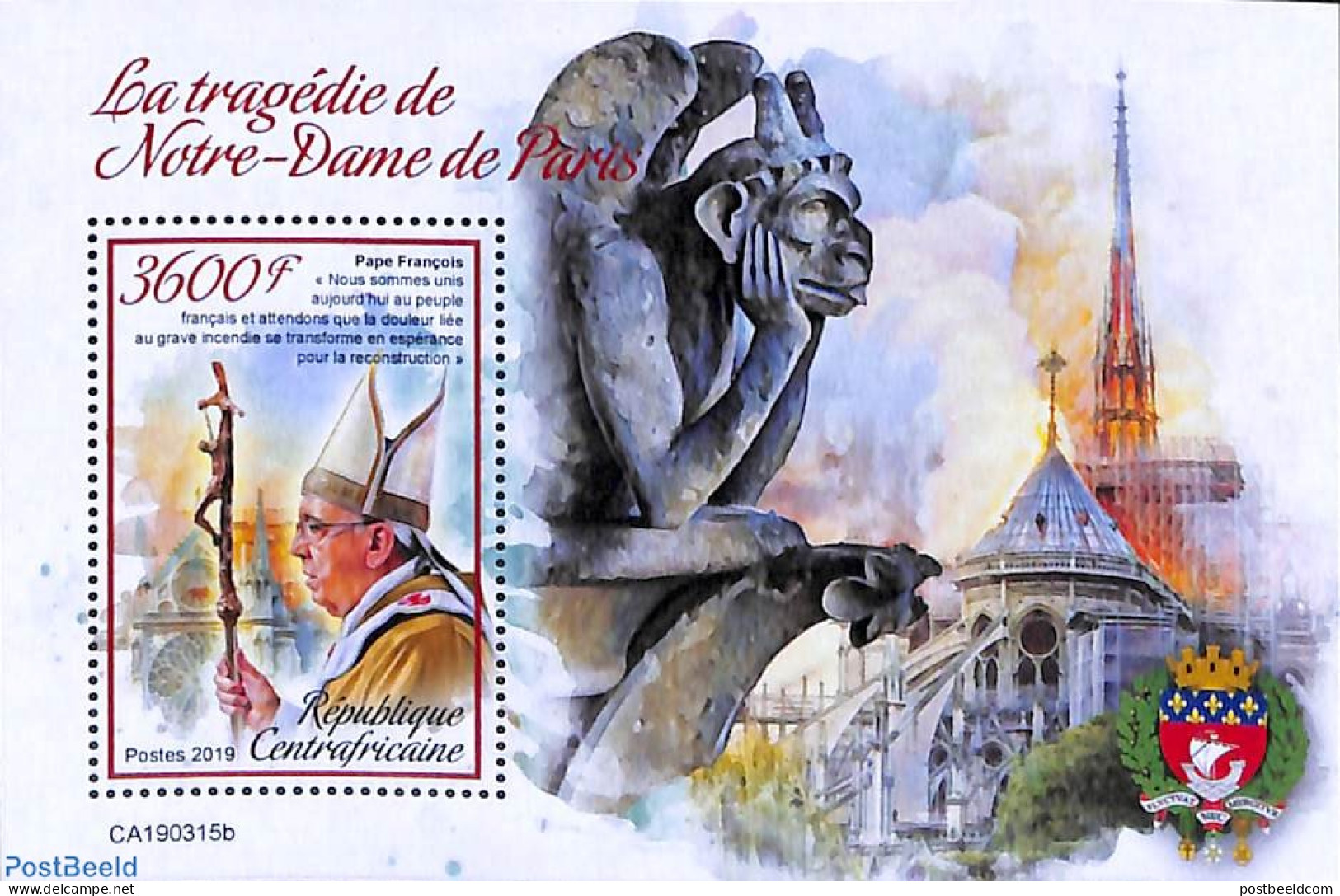 Central Africa 2019 Notre Dame Tragedy S/s, Mint NH, History - Religion - Transport - Churches, Temples, Mosques, Syna.. - Chiese E Cattedrali