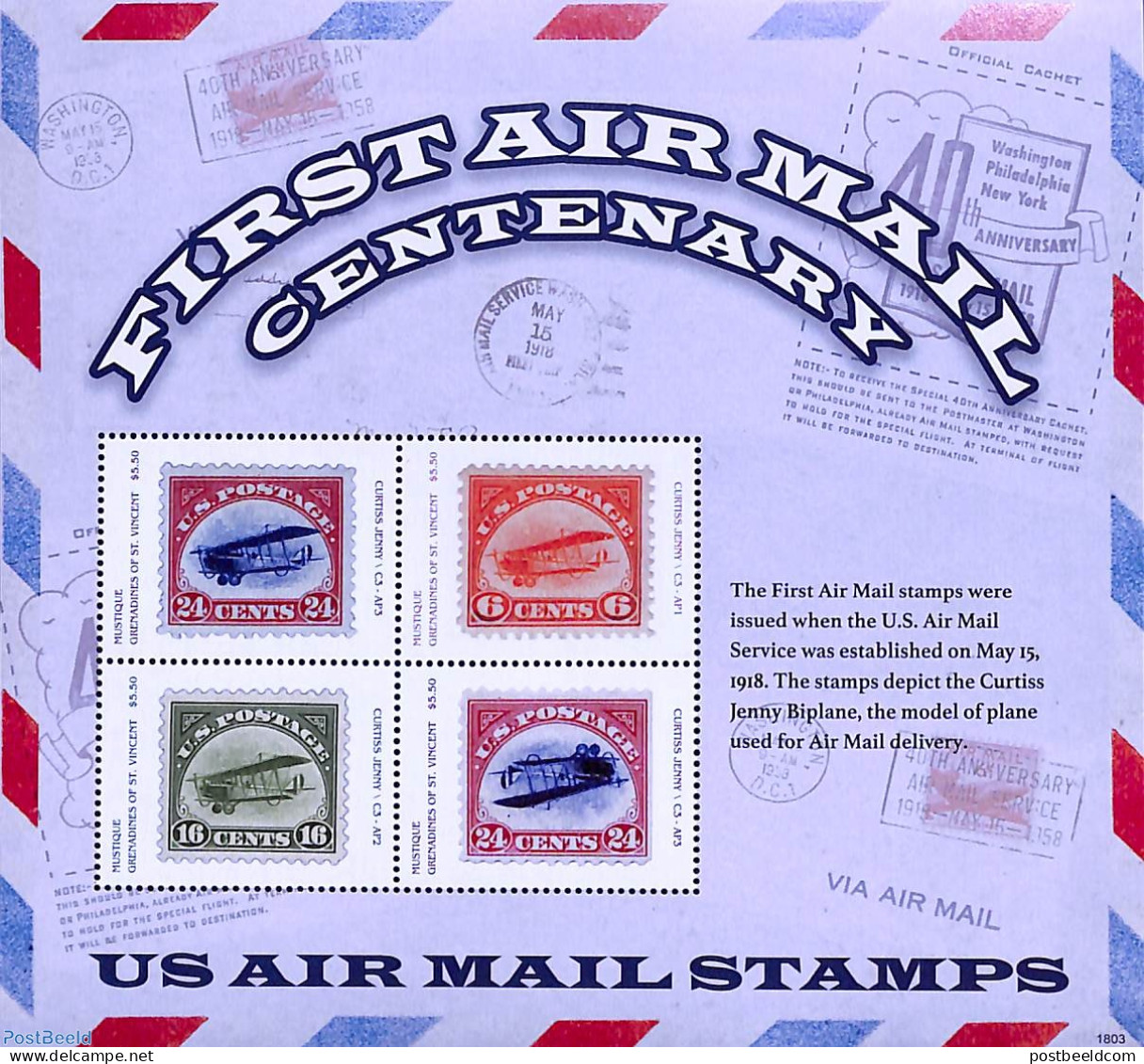 Saint Vincent & The Grenadines 2018 First Airmail Centenary 4v M/s, Mint NH, Transport - Post - Stamps On Stamps - Air.. - Poste