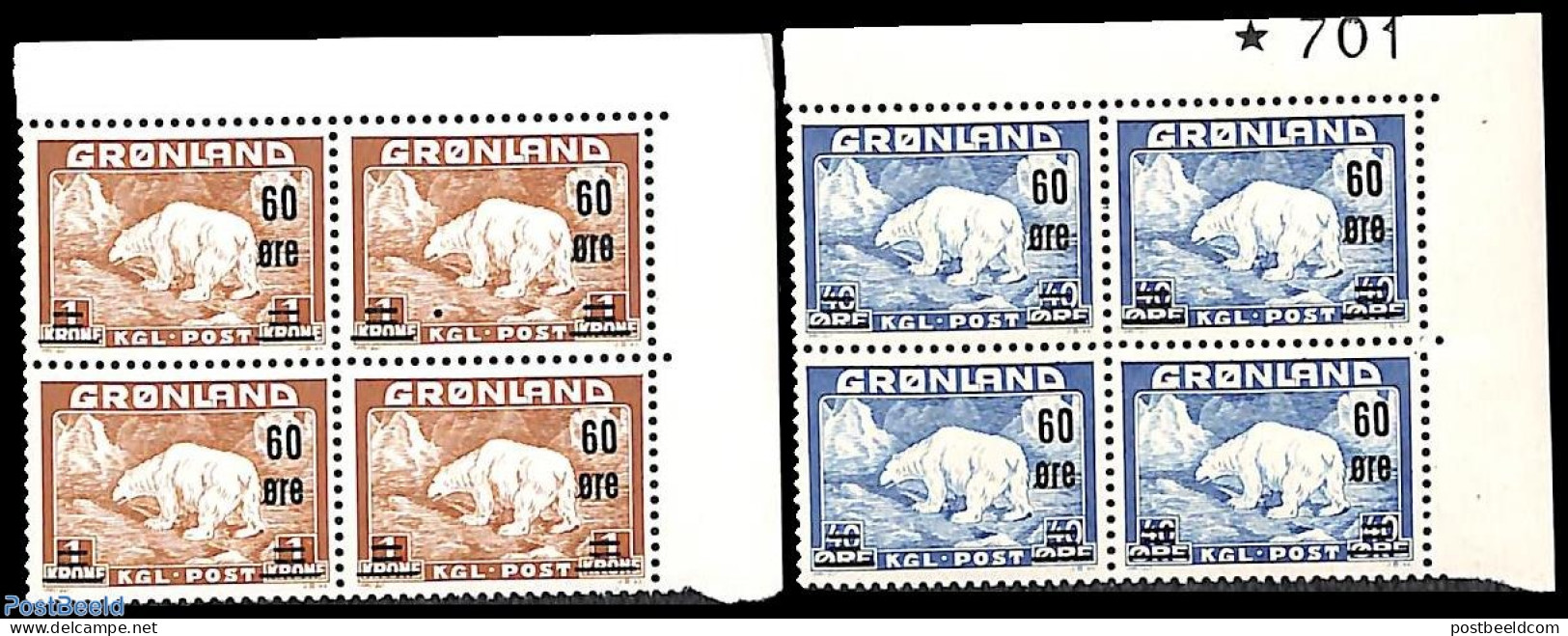 Greenland 1956 Bears Overprints 2v, Corner Blocks [+], Mint NH, Nature - Bears - Ungebraucht