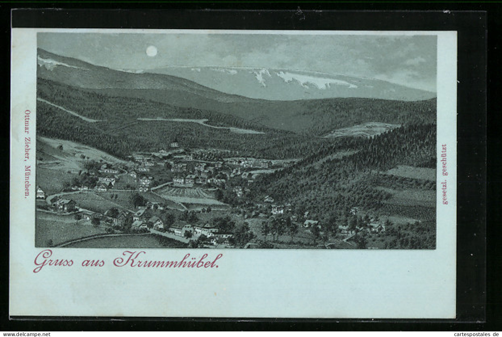 Mondschein-AK Krummhübel, Panorama Im Vollmondlicht  - Schlesien