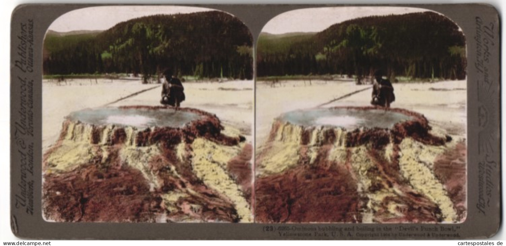 Stereo-Fotografie Underwood & Underwood, New York, Ansicht Yellowstone Park, Devil`s Punch Bowl  - Stereoscoop