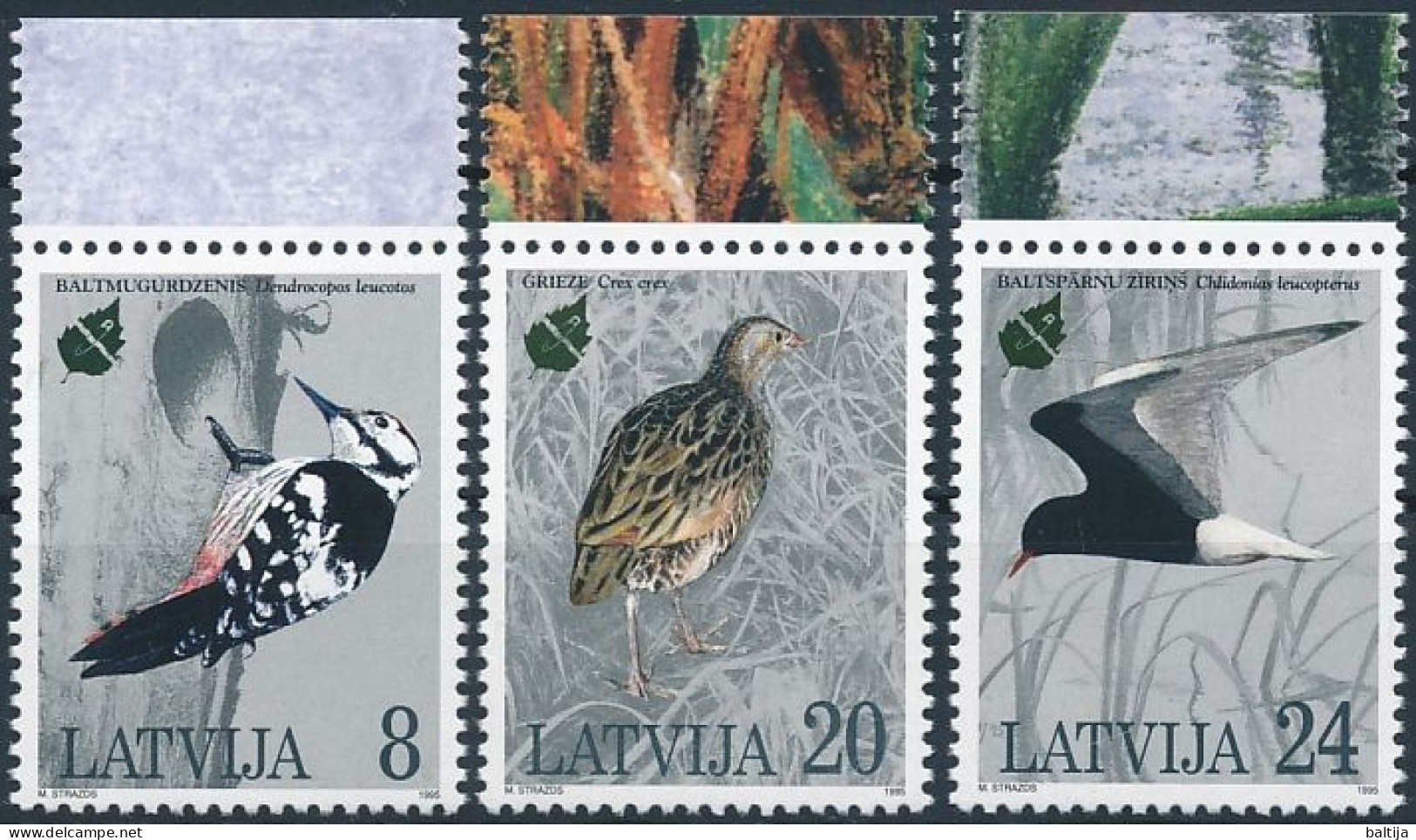 Mi 403-405 ** MNH / Birds, European Year Of Nature Protection / White-backed Woodpecker, Corn Crake, White-winged Tern - Lettonie