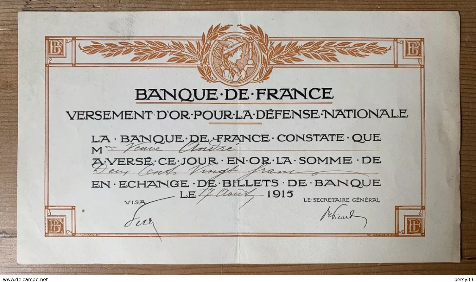 VIEUX PAPIER BANQUE DE FRANCE VERSEMENT D'OR POUR LA DEFENSE NATIONALE 1915 - Wissels