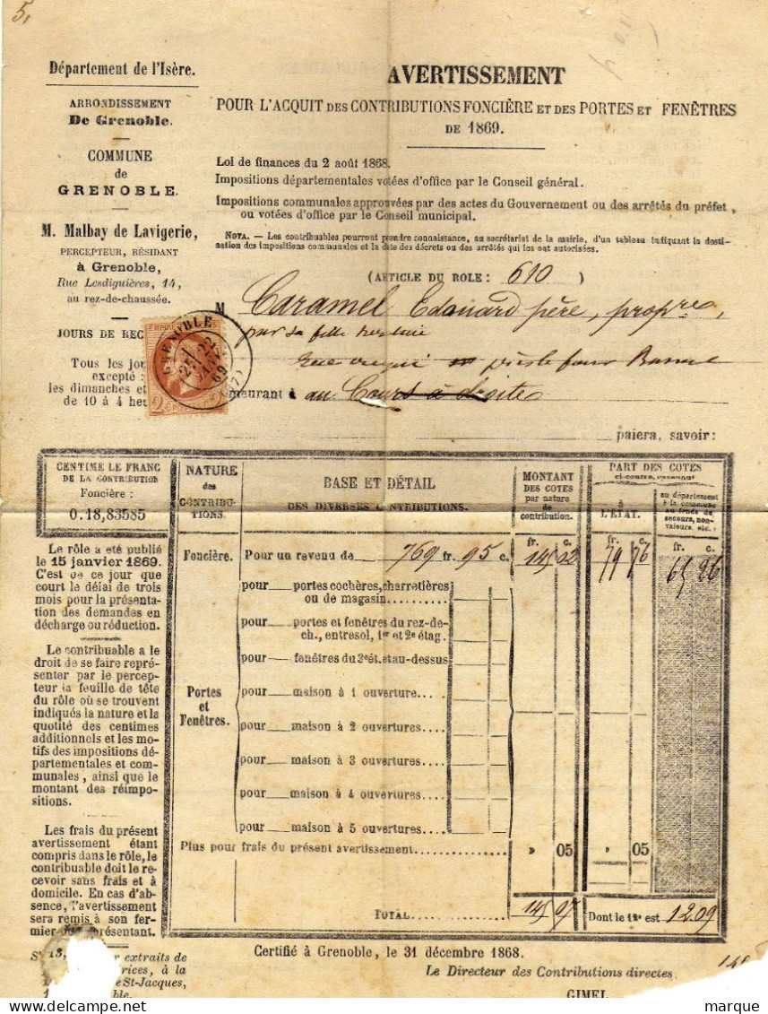 Document Avec Timbre 2C BRUN VAN DYK Oblitération 22/01/1869 - 1849-1876: Classic Period