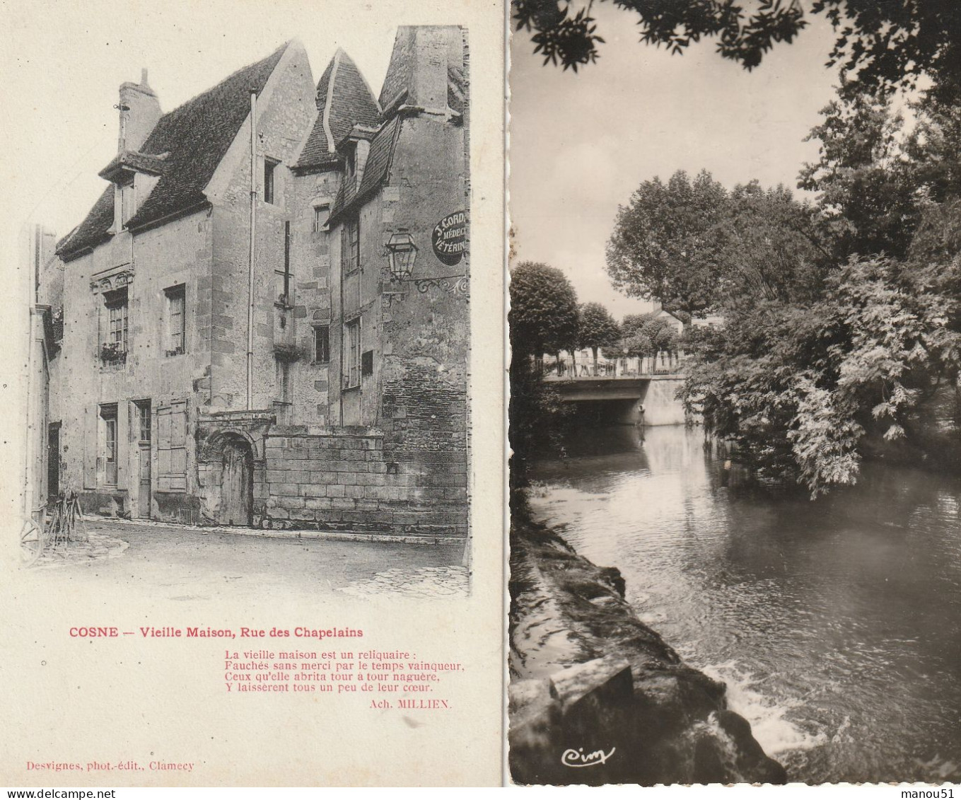 COSNE - 1 CPA ; Vieilles Maisons Ru Des Chapelains + 1 CPSM : Le Déversoir Sur Le Nohain - Cosne Cours Sur Loire