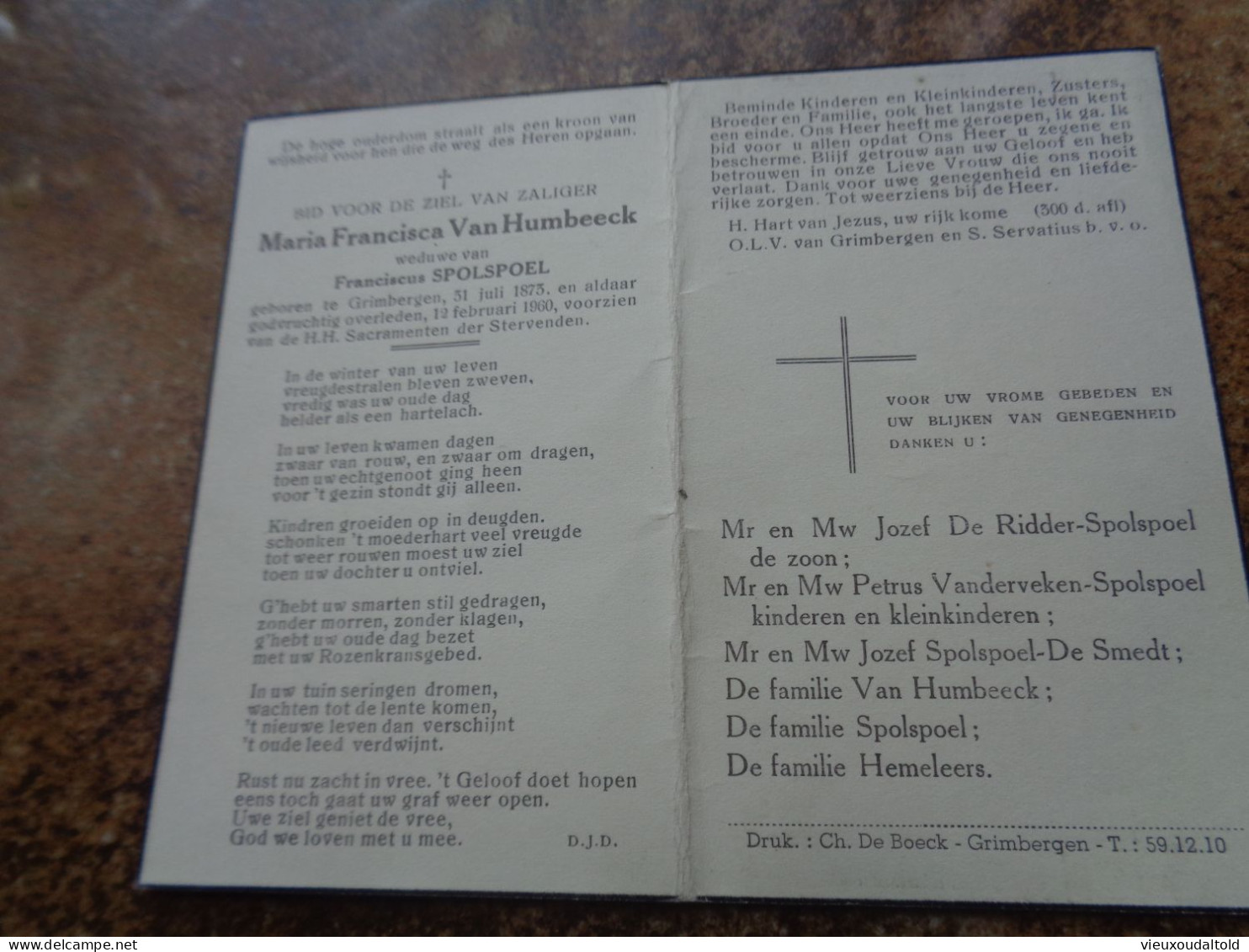 Doodsprentje/Bidprentje  Maria Francisca Van Humbeeck   Grimbergen 1873-1960  (Wwe Franciscus SPOLSPOEL) - Religione & Esoterismo