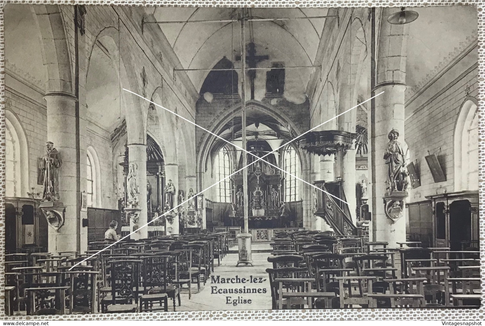 MARCHE-lez-ECAUSSINNES Intérieur De L’église Demande D’obole Du Curé Gailly CP Vers 1930 Phototypie Dohmen - Ecaussinnes