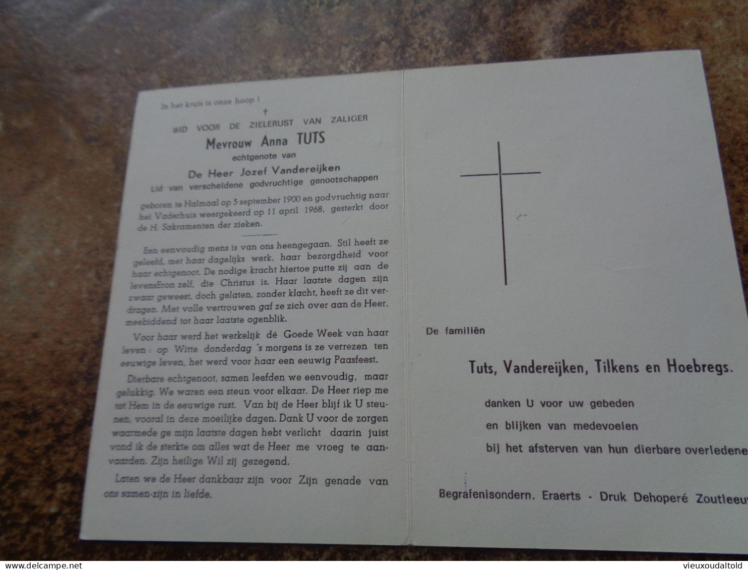 Doodsprentje/Bidprentje  Anna TUTS   Halmaal 1900-1968  (Echtg Jozef Vandereijken) - Religión & Esoterismo