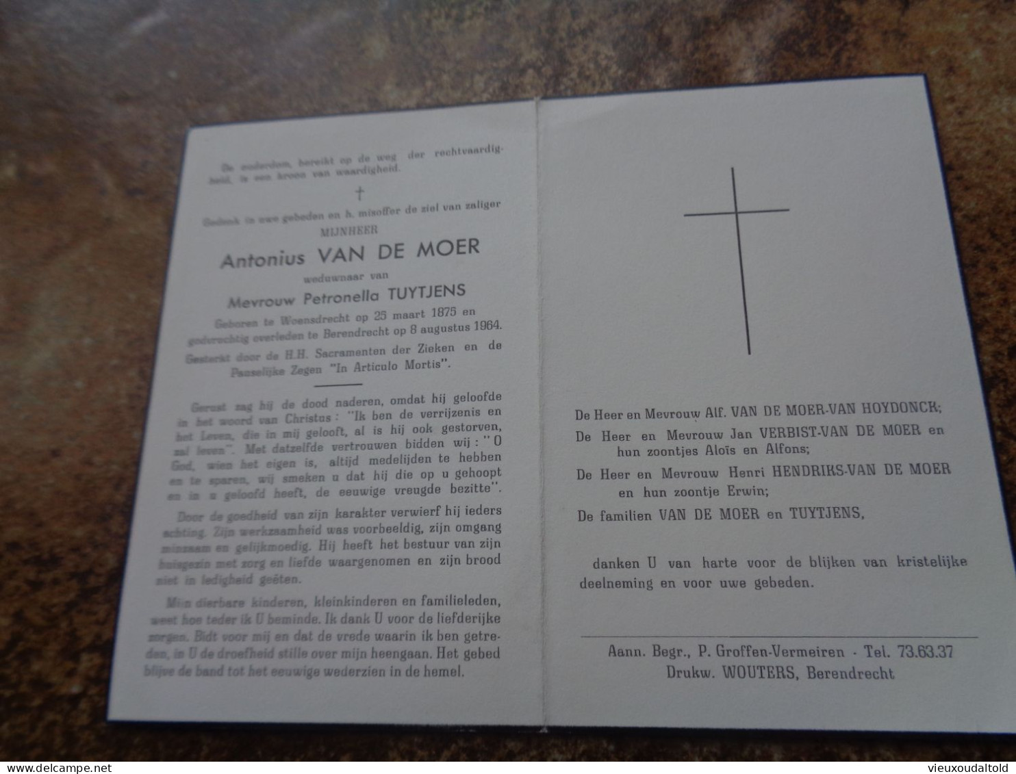 Doodsprentje/Bidprentje  Antonius VAN DE MOER   Woensdrecht 1875-1964 Berendrecht  (Wdr Petronella TUYTJENS) - Religion & Esotericism