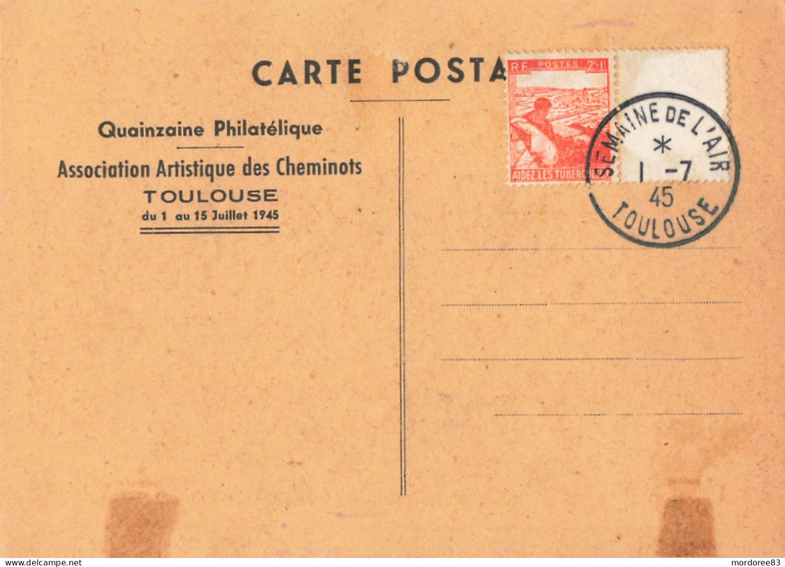 CARTE 2e EXPOSITION PHILATELIQUE TOULOUSE 1945 COLIS POSTAUX YT 218A + 219A + VERSO CACHET SEMAINE DE L'AIR - Covers & Documents