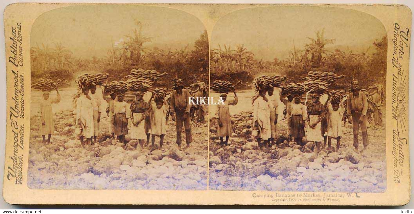 Photo Stéréoscopique (21) 7,7x8 Cm Carton Fort 17,7x8,8 Cm Transport De Bananes Au Marché, Jamaïque, Antilles* - Stereoscopic