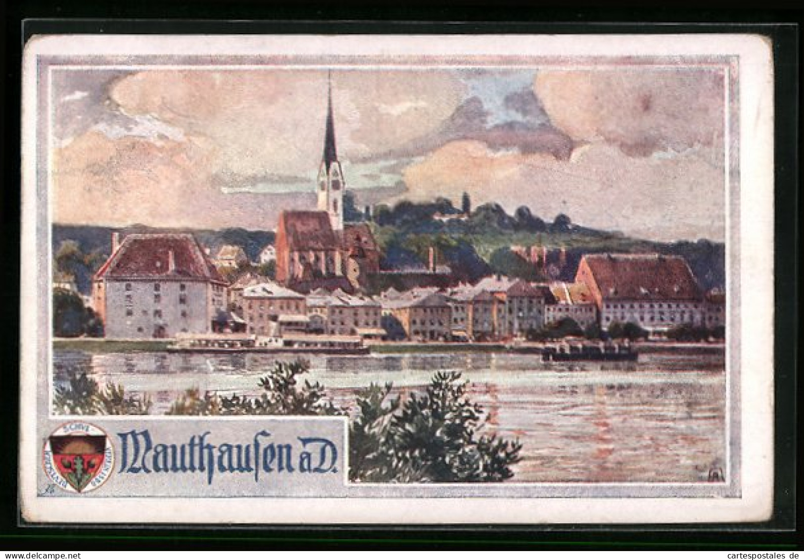 AK Deutscher Schulverein Nr. 441: Mauthausen A. D., Flusspartie Im Ort Mit Kirche  - Guerra 1914-18