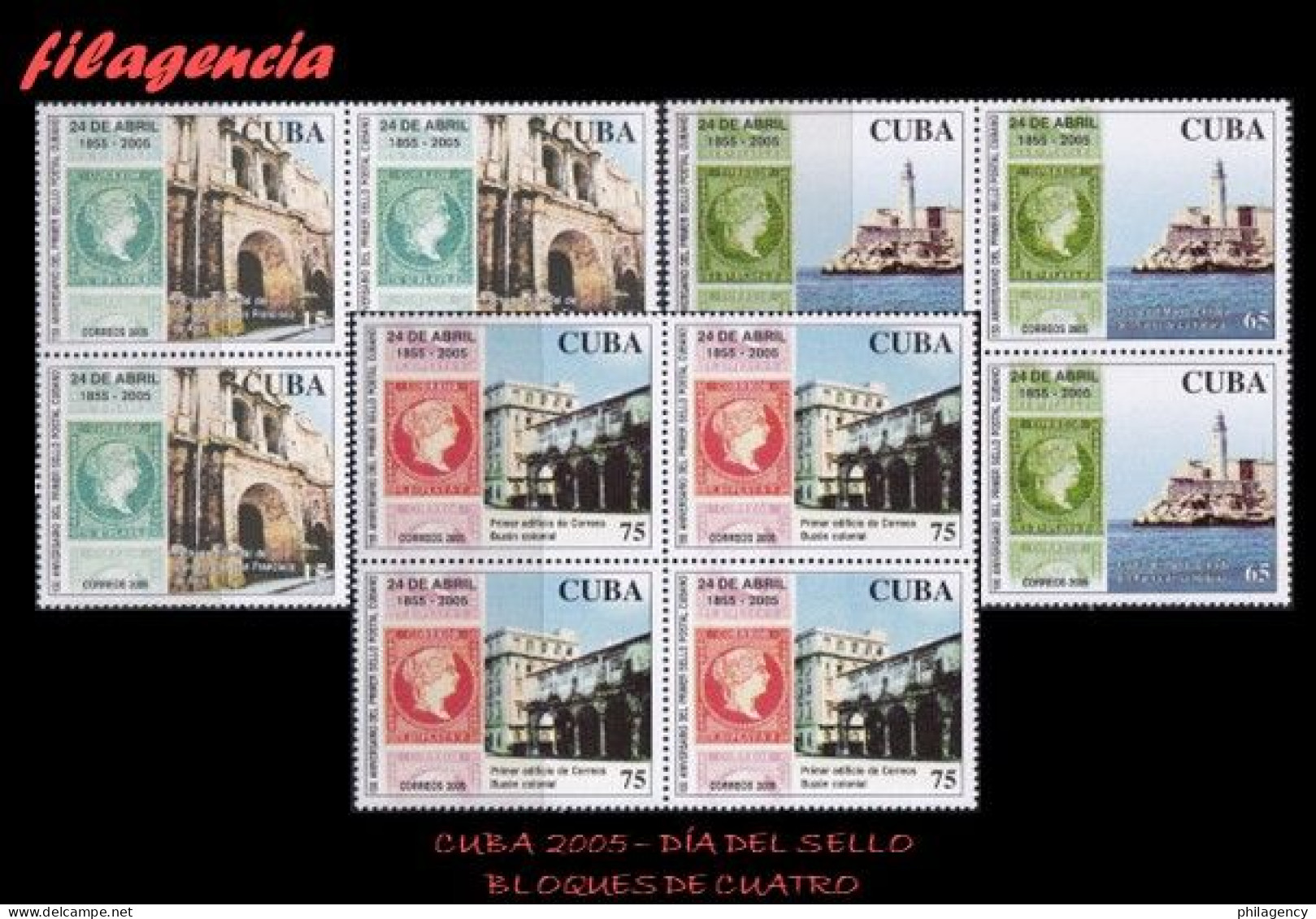 CUBA. BLOQUES DE CUATRO. 2005-14 DÍA DEL SELLO CUBANO. PRIMERA EMISIÓN DE SELLOS CIRCULADOS EN CUBA - Nuevos
