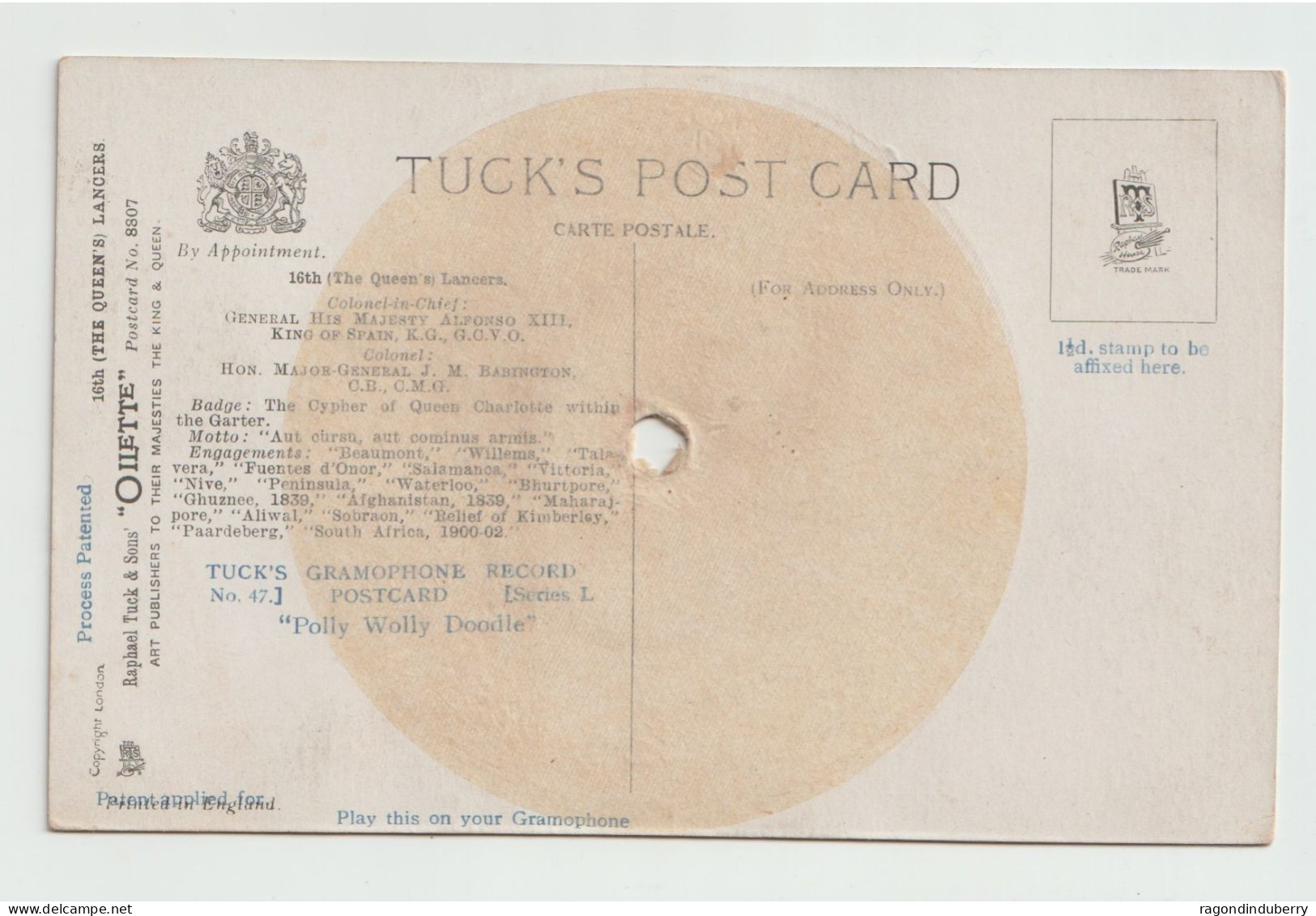 CPA - Carte Disque Vinyle TUCK'S GRAMOPHONE - The Queen's Lancers Inspecting Officiers Par Illustrateur Harry PAYNE - Móviles (animadas)