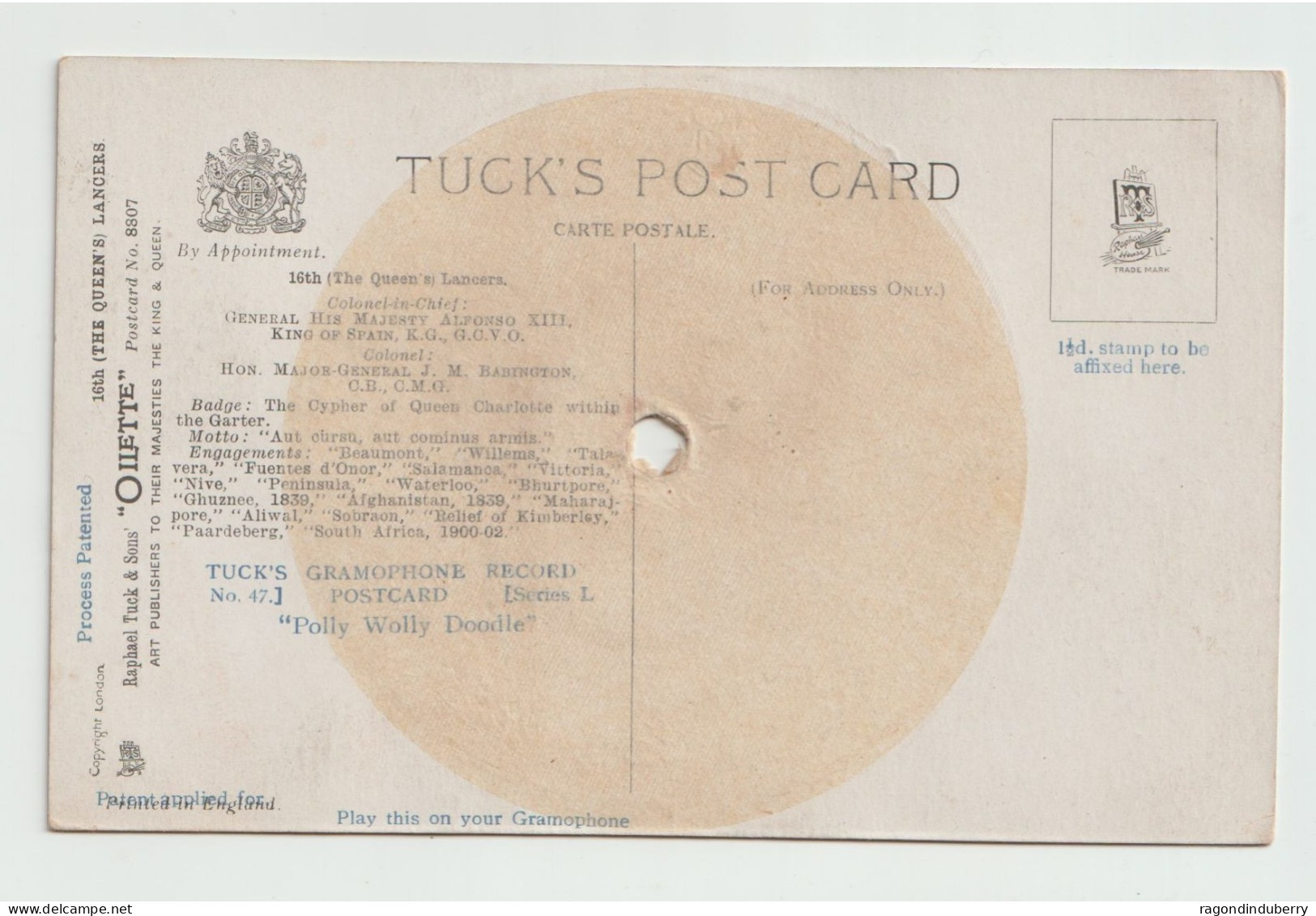 CPA - Carte Disque Vinyle TUCK'S GRAMOPHONE - The Queen's Lancers Inspecting Officiers Par Illustrateur Harry PAYNE - A Systèmes