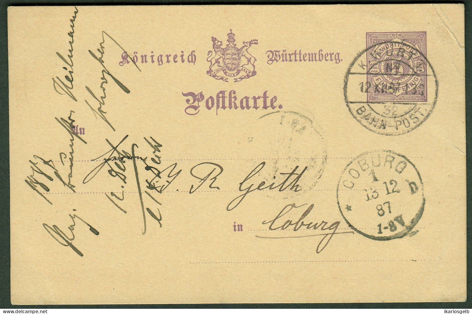 Bahnpost  Württemberg 1887 #32auf 5Pf- GANZSACHE > Ak-o Coburg - Enteros Postales