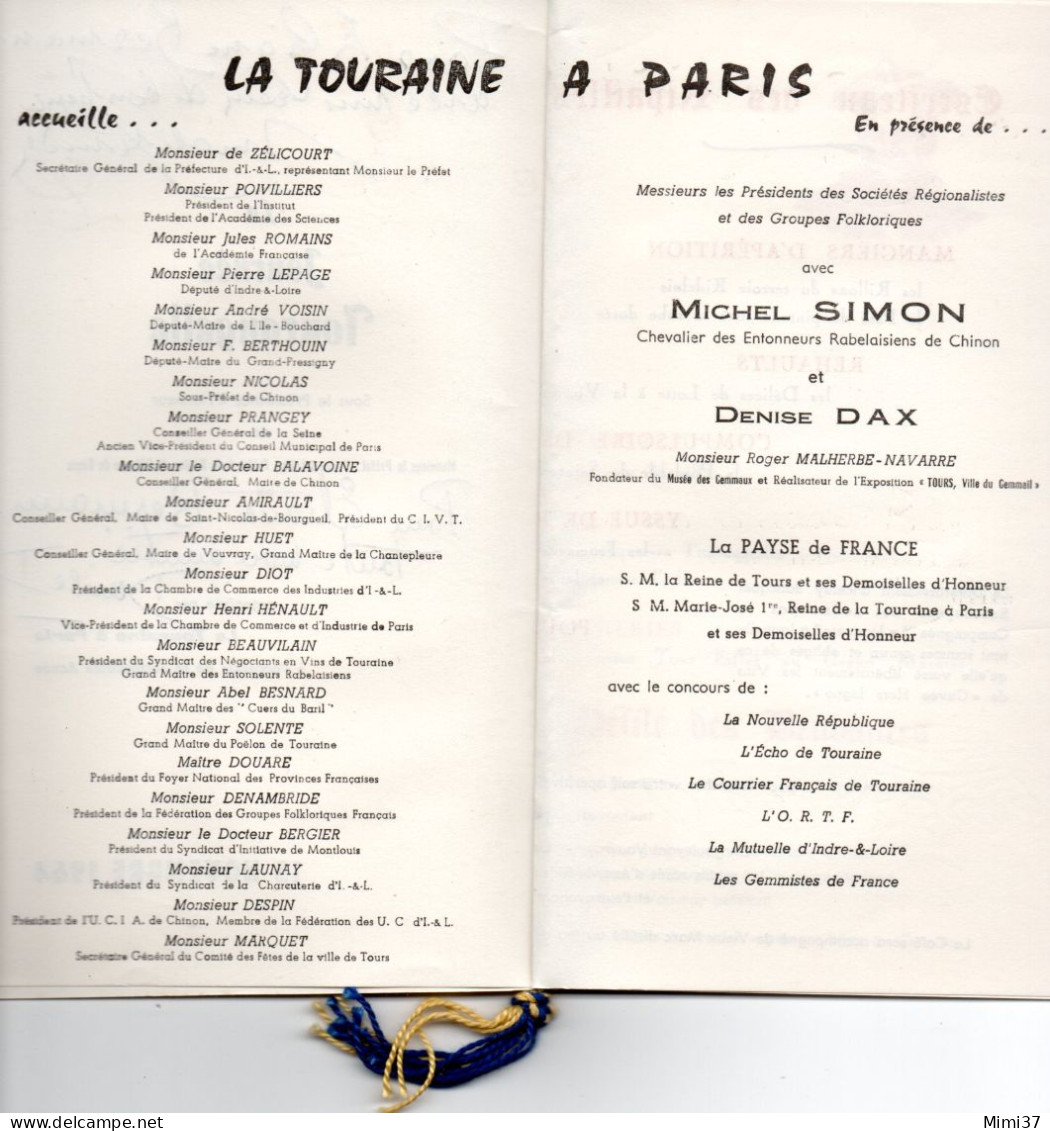 LA TOURAINE A  PARIS MENU DU RESTAURANT EN PLEIN CIEL DE LA TOUR EIFFEL JOURNEE TOURANGELLE 1964 AVEC MICHEL SIMON - Menus