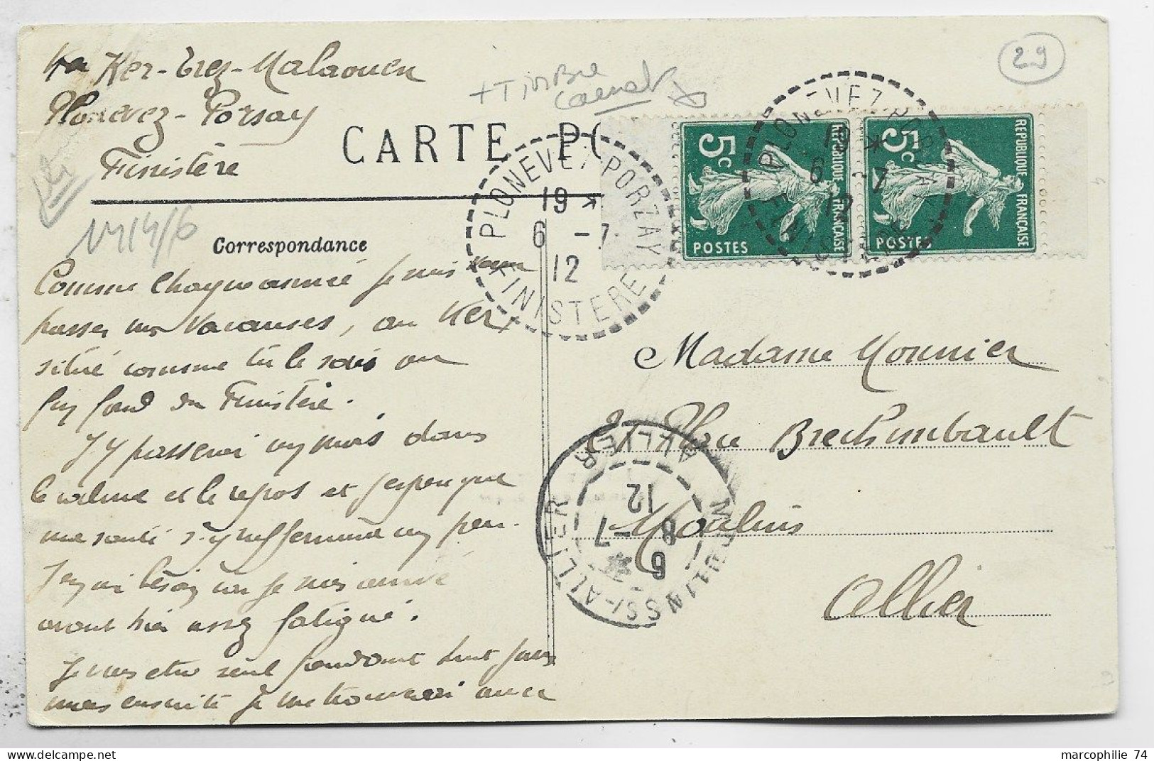 SEMEUSE 5C PAIRE DE CARNET AVEC BORDS SUR CARTE S. PERLE PLONEVET PORZAY 6.7.1912 FINISTERE - 1906-38 Säerin, Untergrund Glatt