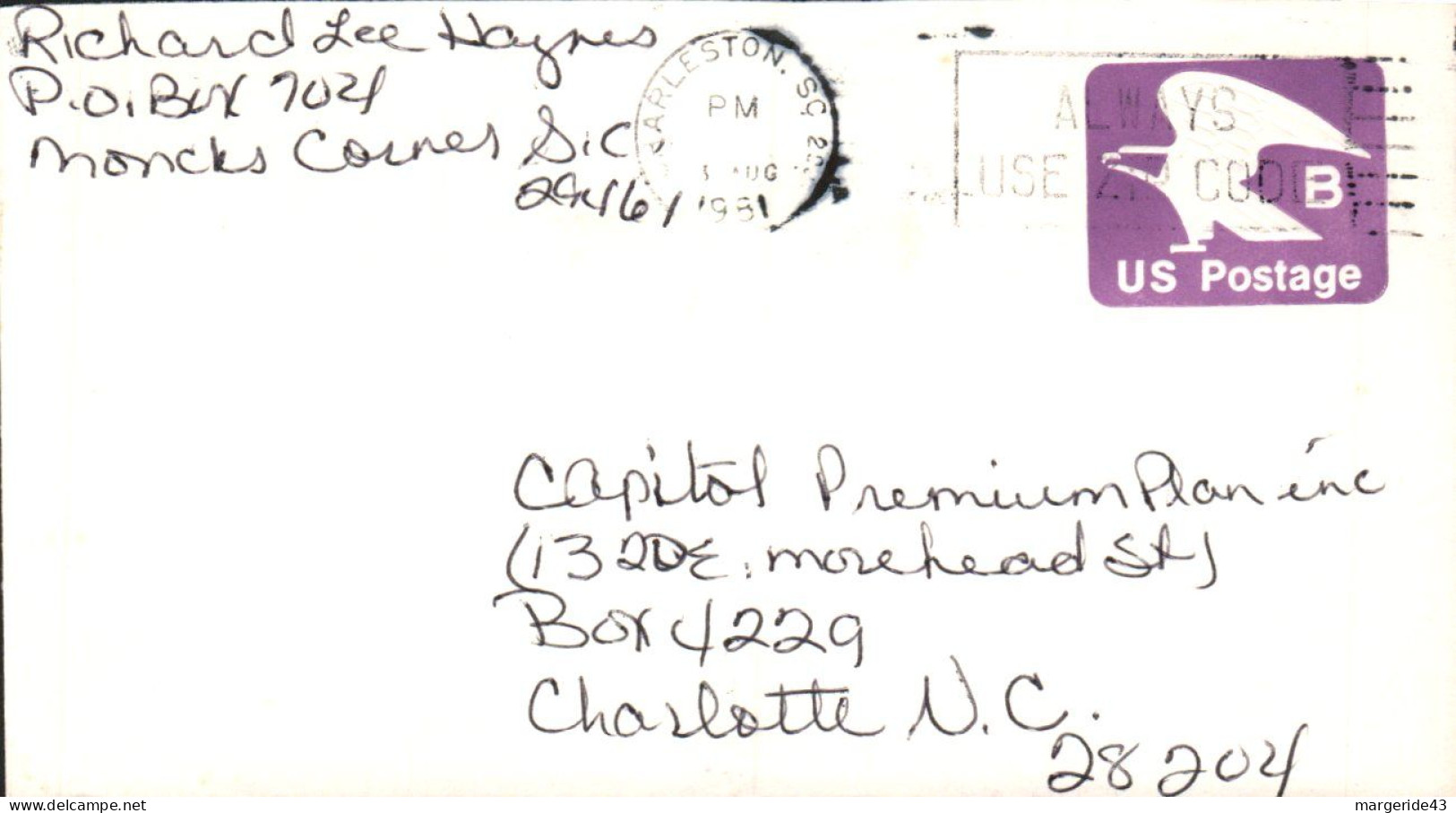 USA ETATS UNIS ENTIER LETTRE DE CHARLESTON 1981 - Covers & Documents