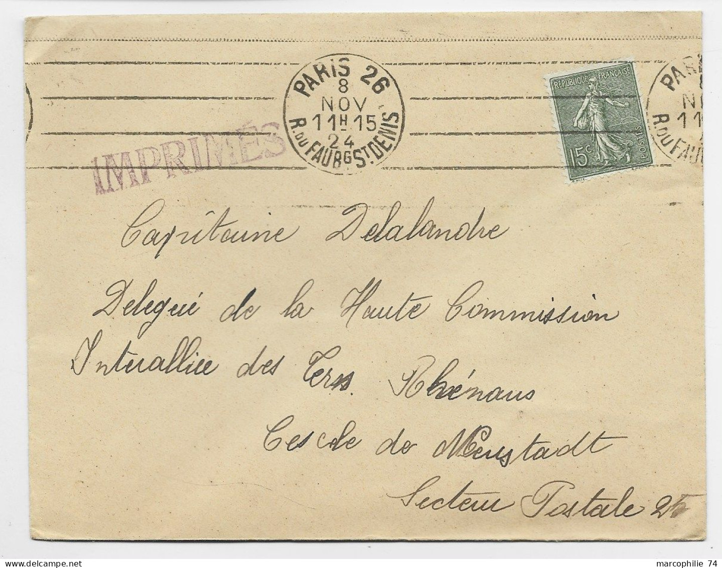 SEMEUSE 15C LIGNEE SEUL LETTRE PARIS 26 80 NOV 1924 POUR CERCLE NEUSTADT TARIF IMPRIME - 1903-60 Semeuse Lignée