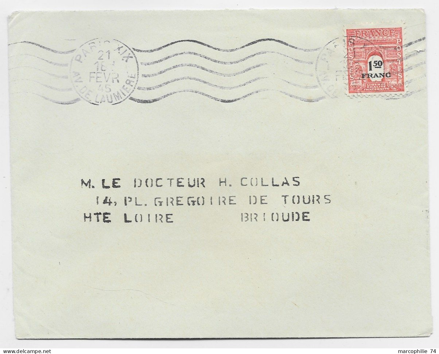 FRANCE ARC TRIOMPHE 1FR50 SEUL LETTRE MEC PARIS XII 21 FEVR 1945 USAGE COURT 17 JOURS - 1944-45 Triomfboog