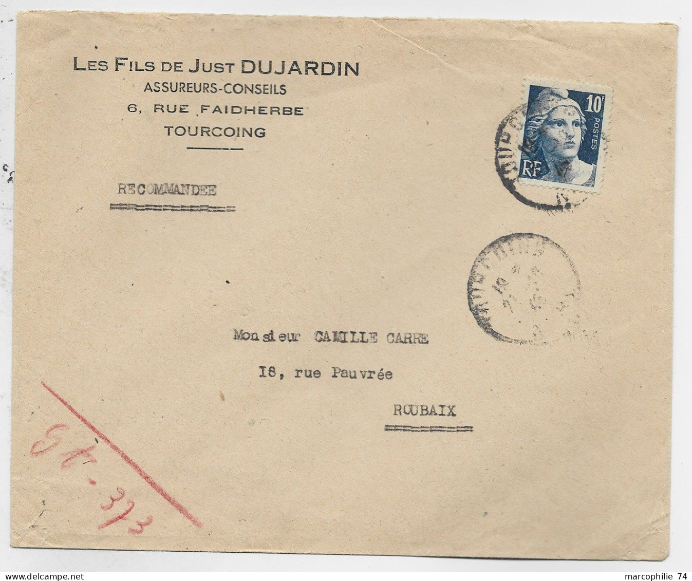 FRANCE GANDON 10FR GRAVE SEUL LETTRE REC PROVISOIRE TOURCOING 1946 AU TARIF - 1945-54 Marianne De Gandon