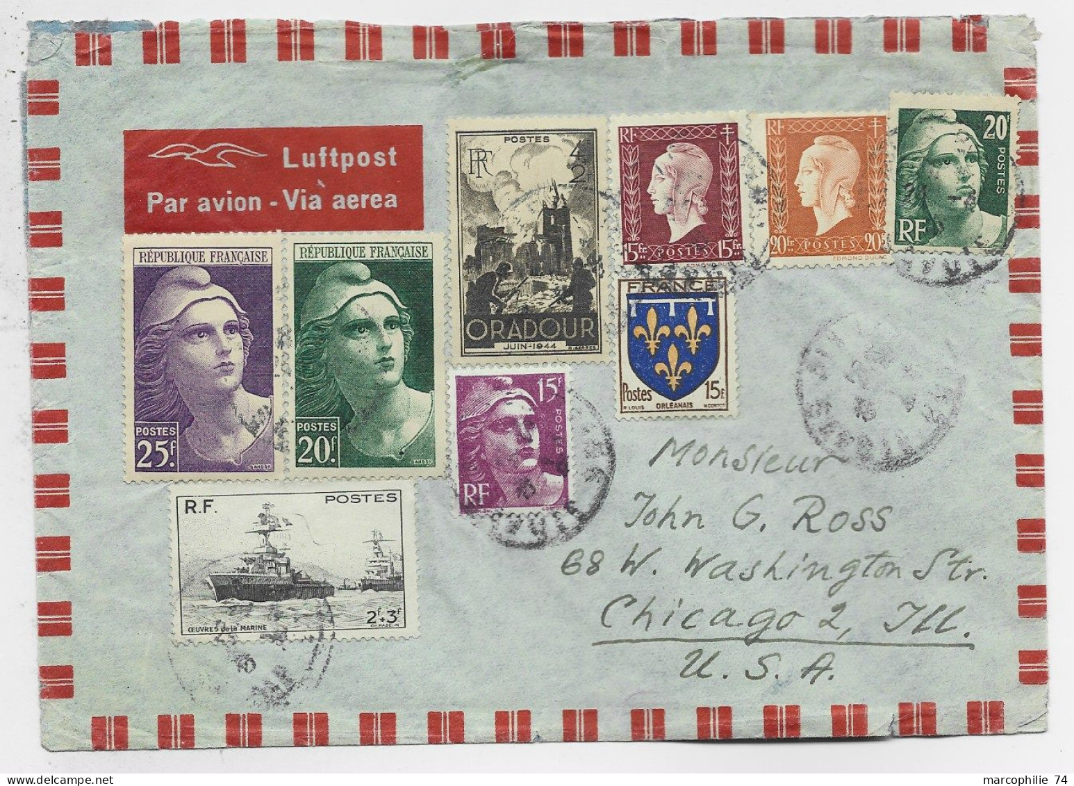 FRANCE GANDON 25FR+20FR+ 15FR+20FR+ DULAC + SURTAXE + BLASON 15FR LETTRE AVION AIX LES BAINS 1946 POUR USA - 1945-54 Marianne (Gandon)