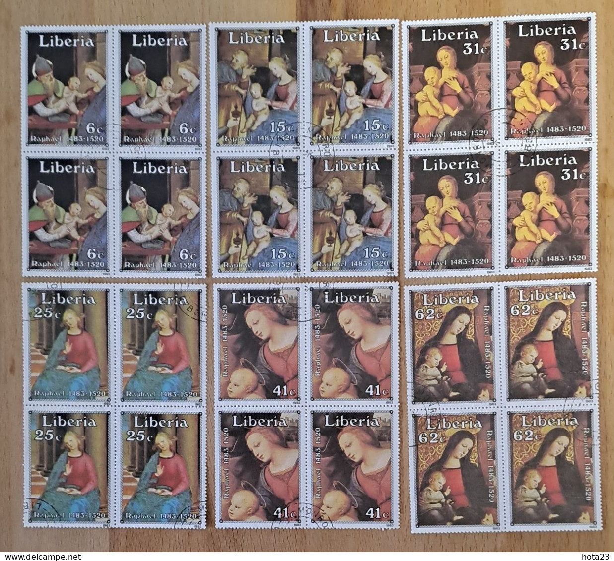 (!)Raphael Liberia 975-980,Christmas 1983 Art Raphael Paintings CTO Mi 1281-1286    Block Of 4 Pieces - Liberia