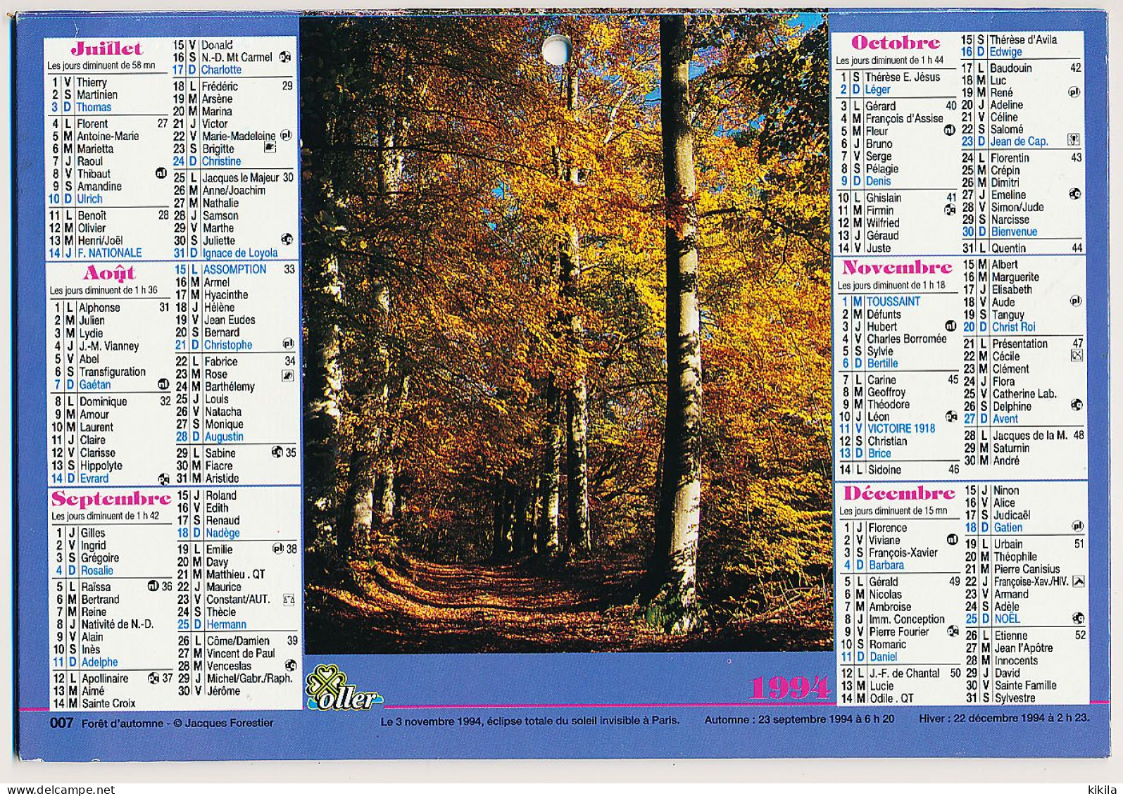 Calendrier Grand Format 1994  OLLER Jardins De Fleurs Aux< Pays Bas  Et Forêt D'automne    Code Postaux Des Principales* - Grand Format : 1991-00