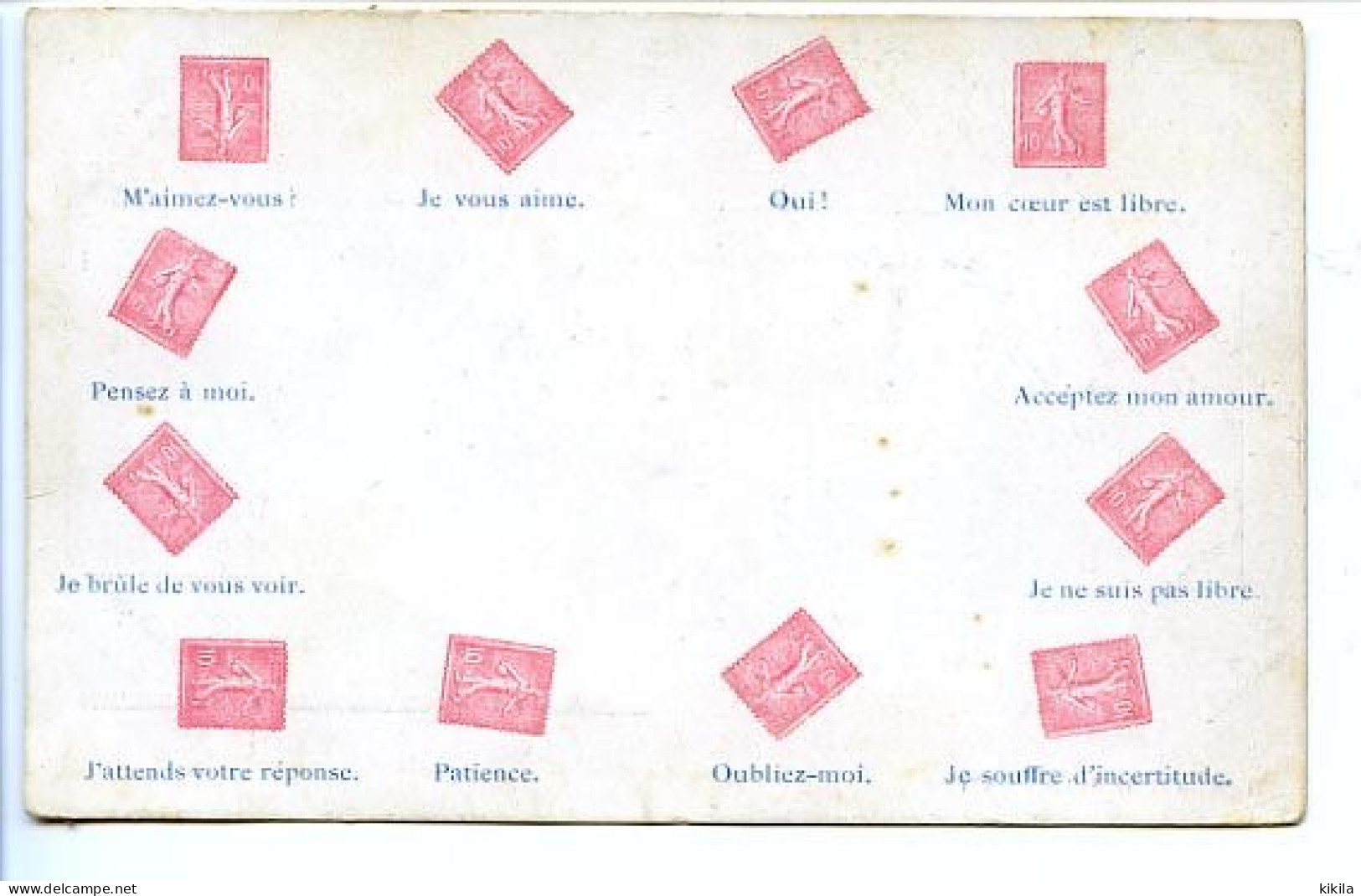CPA 9 X 14    Langage Des Timbres  Semeuses: Le Sens De La Position Du Timbre - Briefmarken (Abbildungen)