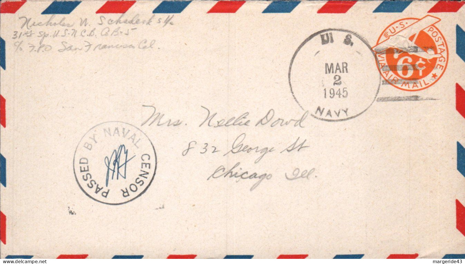 USA ETATS UNIS ENTIER LETTRE US NAVY PASSEE PAR LA CENSURE 1945 - Storia Postale