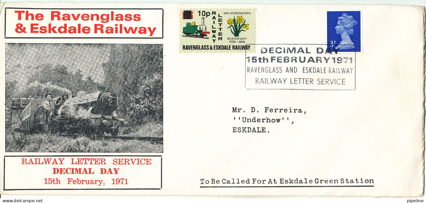 Great Britain Cover Railway Letter Ravenglass Eskdale Railway 15-2-1971 (Decimal Day) With Railway Stamp And Cachet - Storia Postale