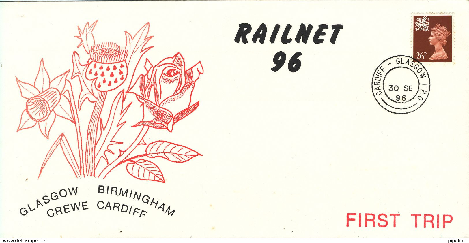 Great Britain Cover Railnet 96 Cardiff - Glasgow T.P.O. 30-9-1996 With Cachet Glasgowe Birmingham Crewe Cardiff - Lettres & Documents