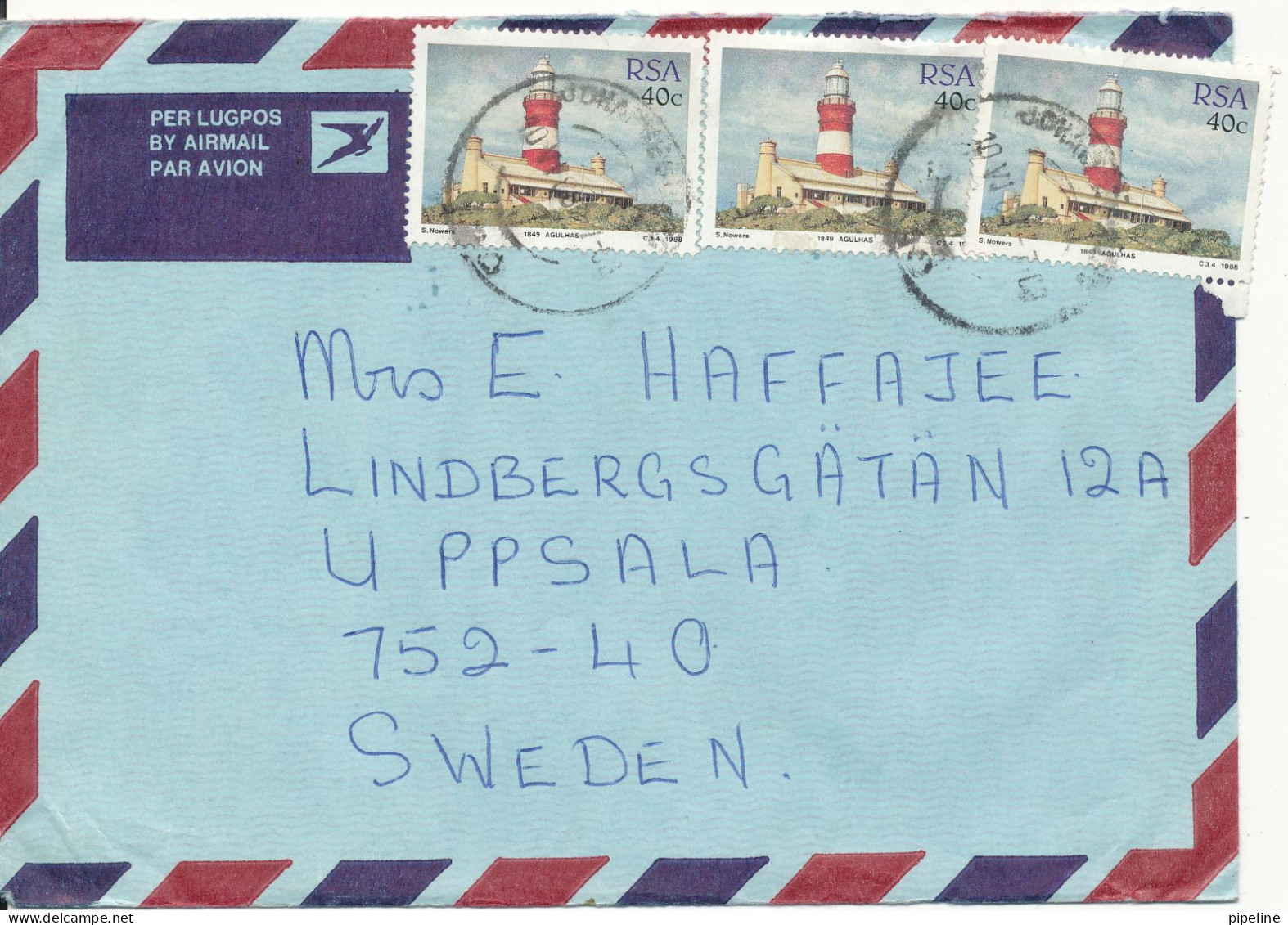 South Africa Air Mail Cover Sent To Sweden 10-6-1988 Topic Stamps LIGHTHOUSE - Airmail