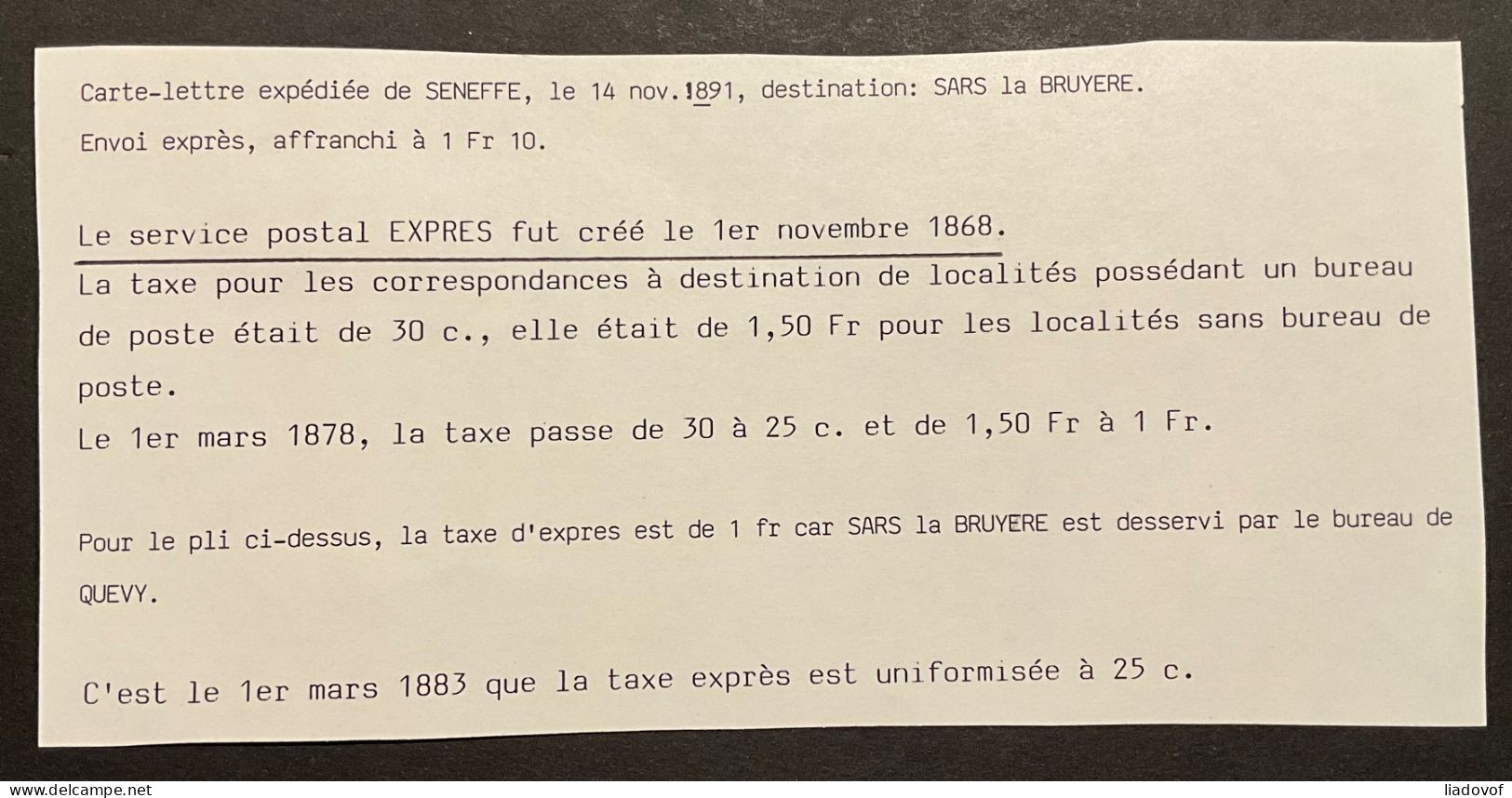 Carte Lettre 10c(COB 46) + COB 51 Obl. SC SENEFFE Par Expres Pour SARS LA BRUYERE Par QUEVY - Utilisation Du COB 51 RRR - 1884-1891 Leopold II
